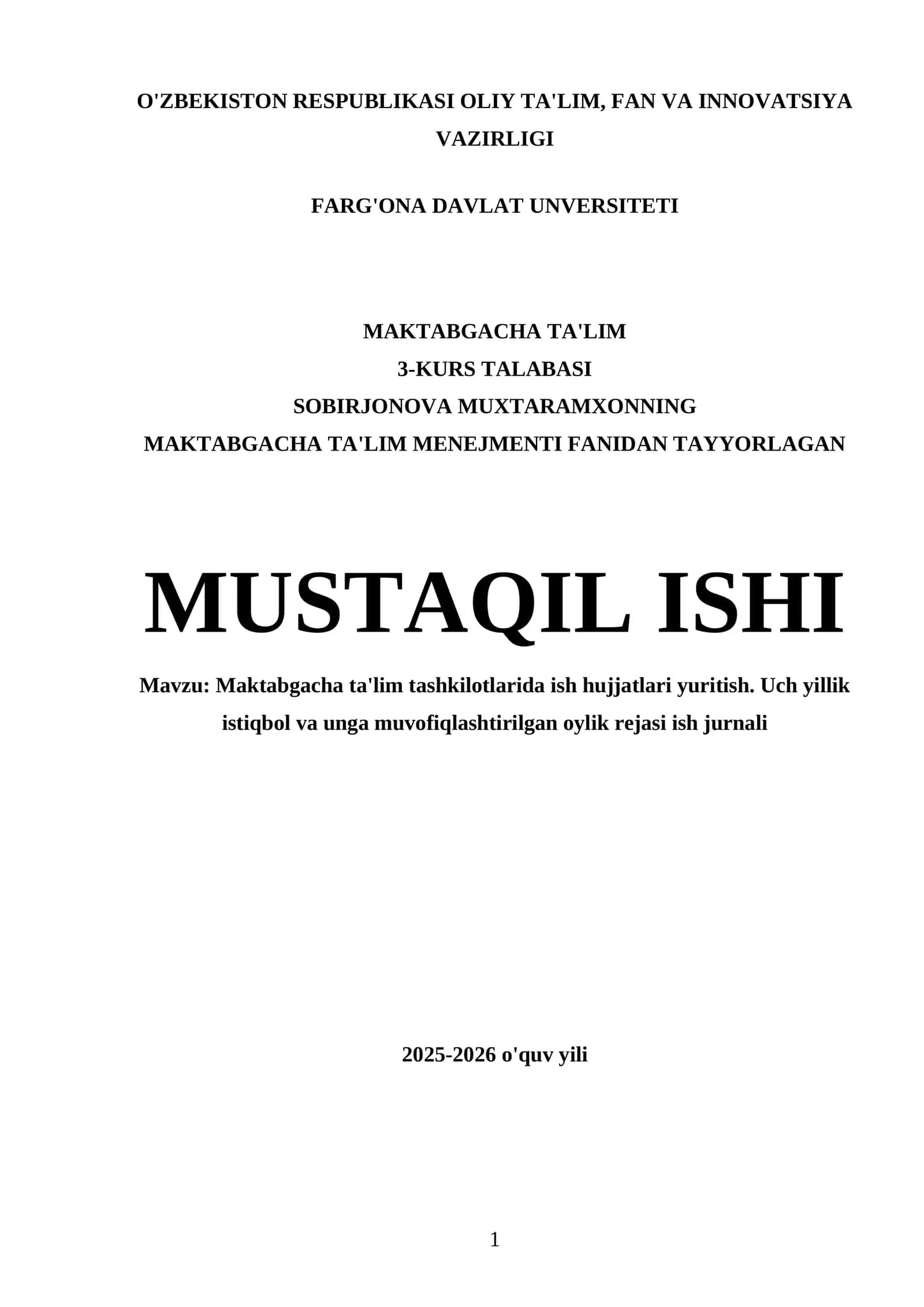 MAKTABGACHA TA'LIM MENEJMENTI FANIDAN TAYYORLAGAN MUSTAQIL ISHI 1