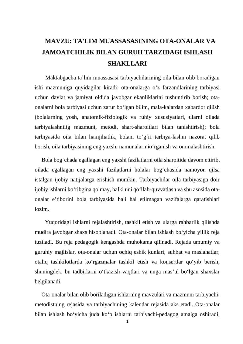 TA'LIM MUASSASASINING OTA-ONALAR VA JAMOATCHILIK BILAN GURUH TARZIDAGI ISHLASH SHAKLLARI 1