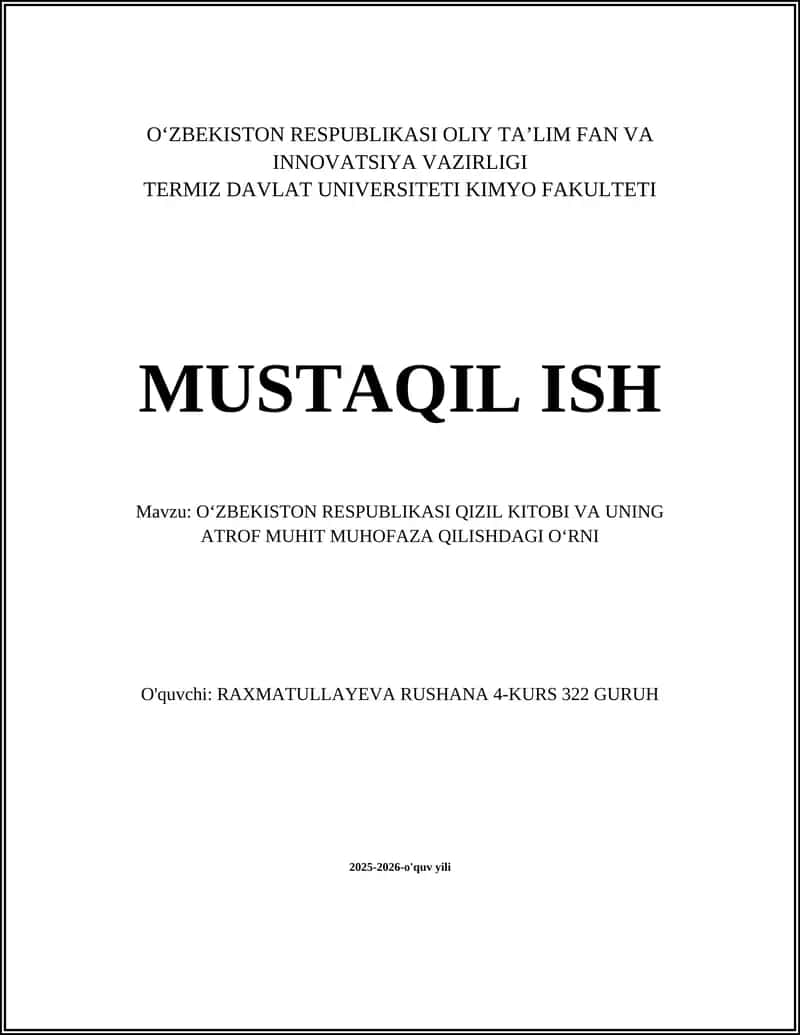 Qizil Kitob va uning muhit muhofaza qilishdagi o'rni 1