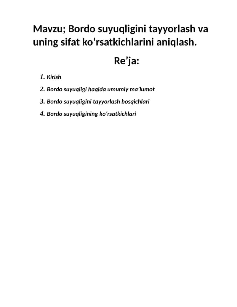 Bordo suyuqligini tayyorlash va uni sifsat ko'rsatkichlarini aniqlash 1