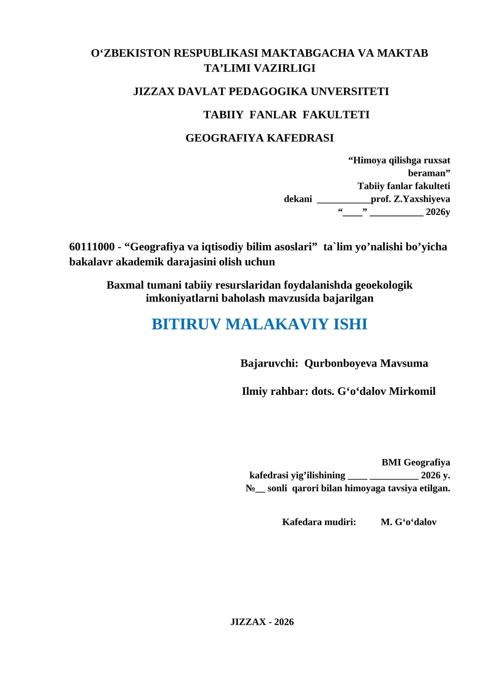 Baxmal tumani tabiiy resurslaridan foydalanishda geoekologik imkoniyatlarni baholash 1