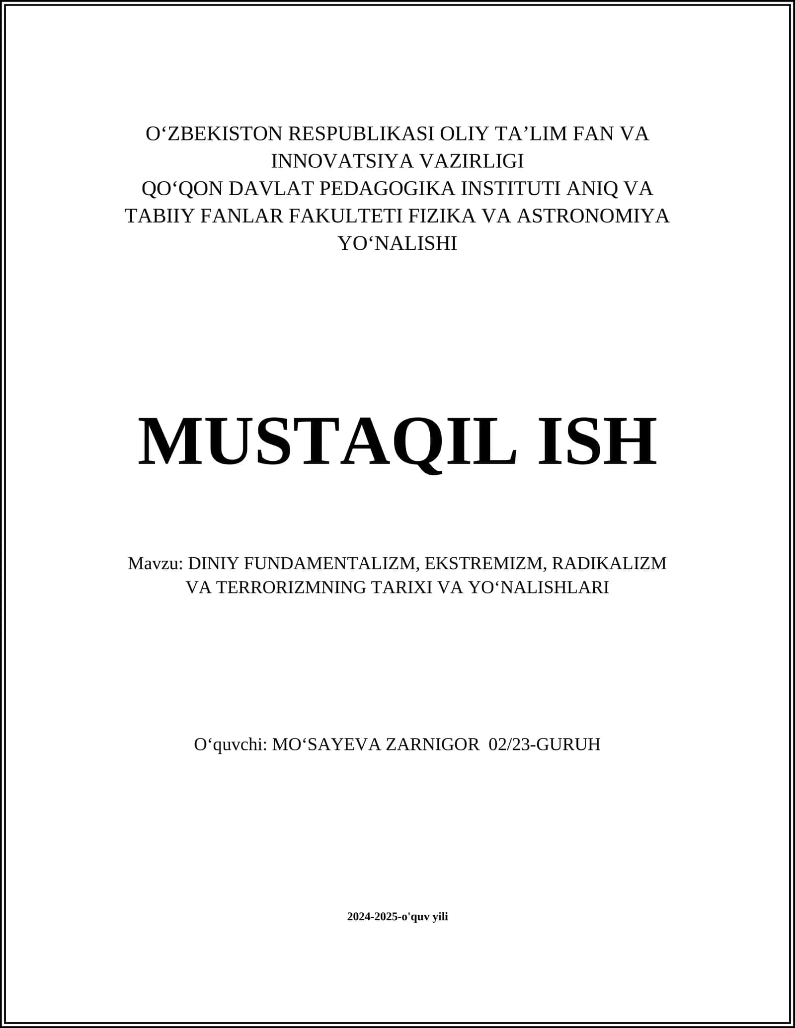 DINIY FUNDAMENTALIZM, EKSTREMIZM, RADIKALIZM VA TERRORIZMNING TARIXI VA YOʻNALISHLARI 1