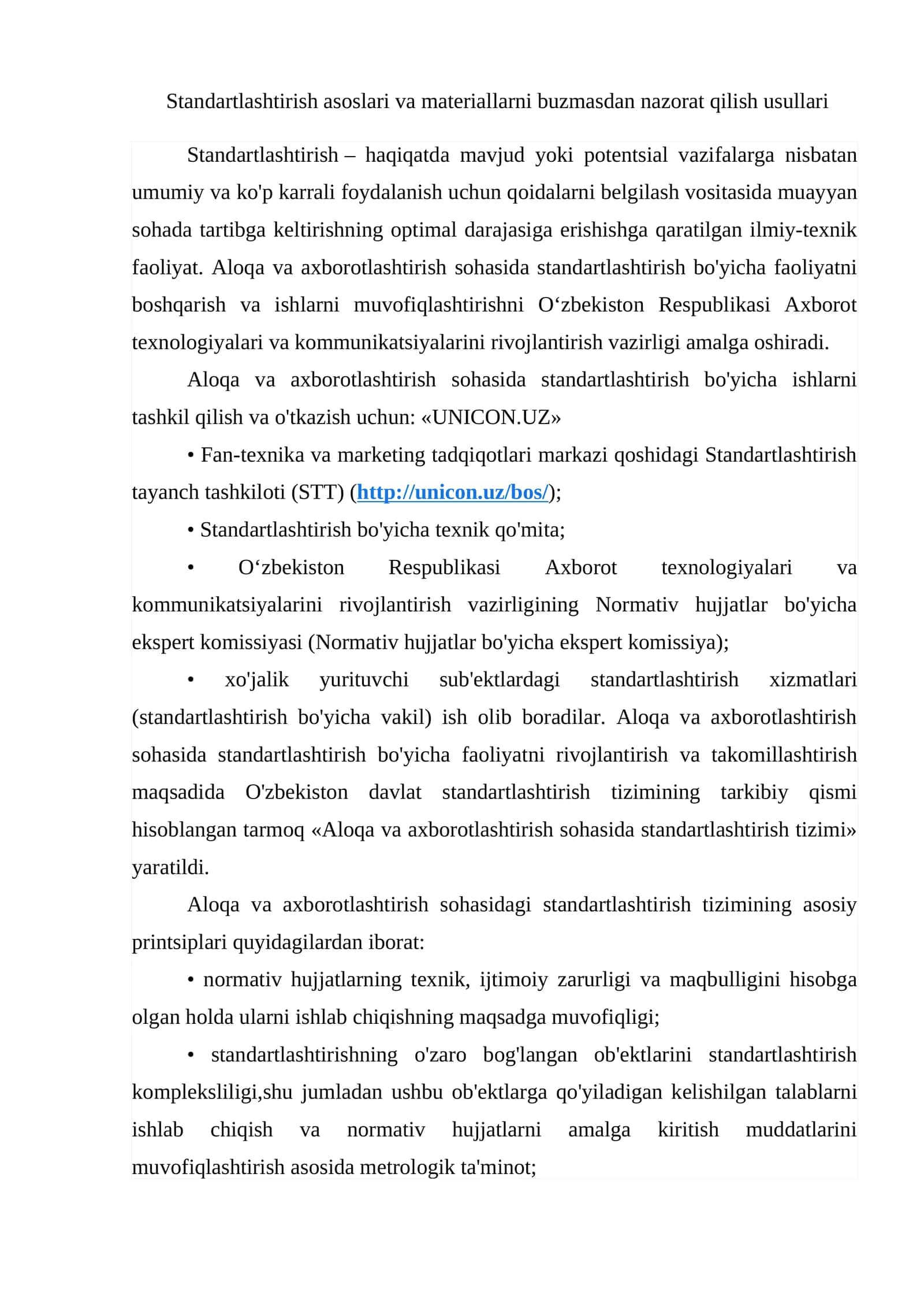 Standartlashtirish asoslari va materiallarni buzmasdan nazorat qilish usullari 1