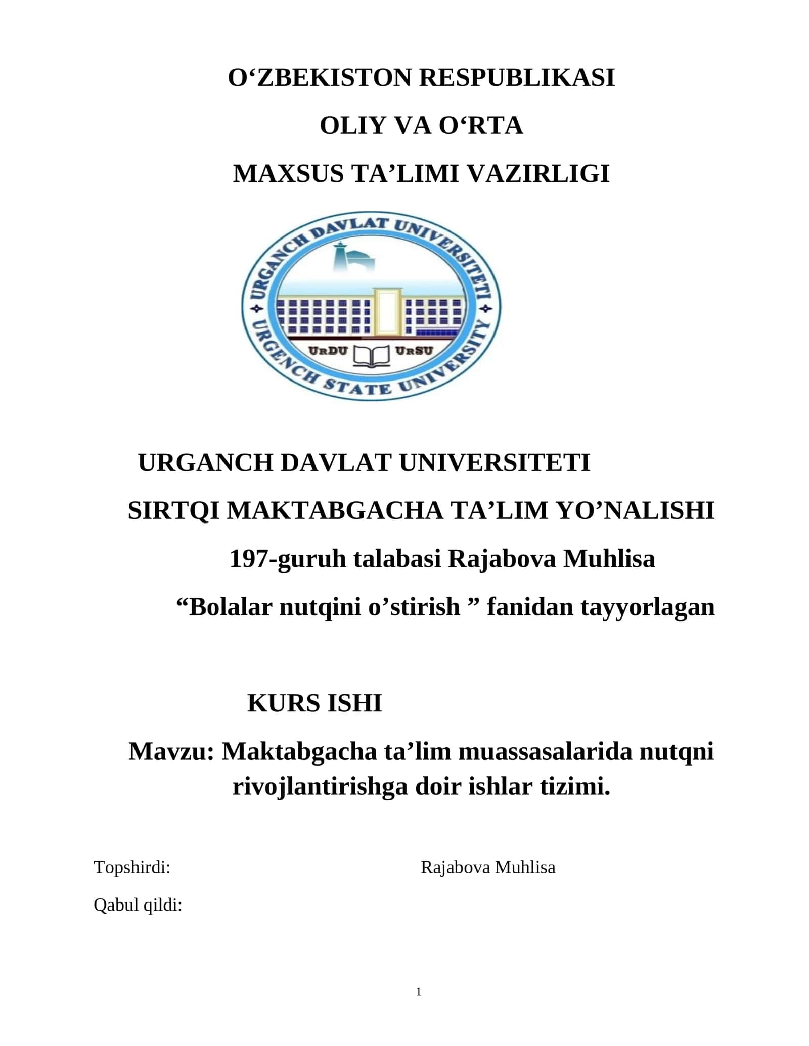 Bolalar nutqini o’stirish kurs ishi 1