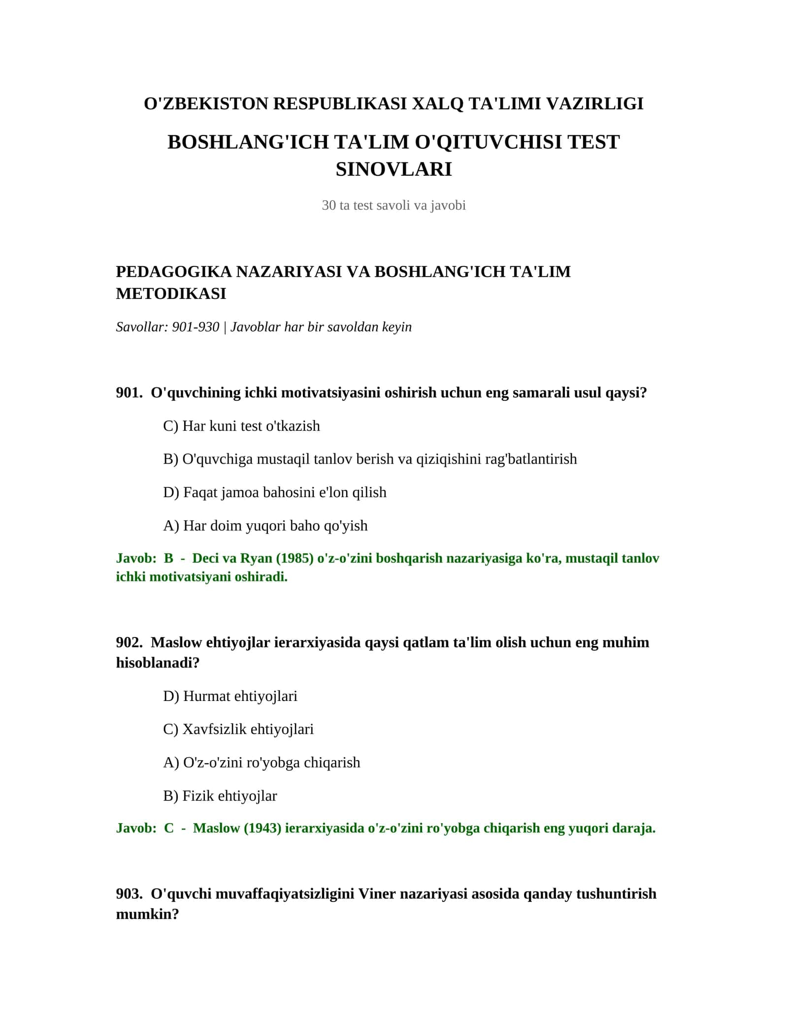 BOSH TALIM O'QITUVCHISI TEST SINOVLARI 1