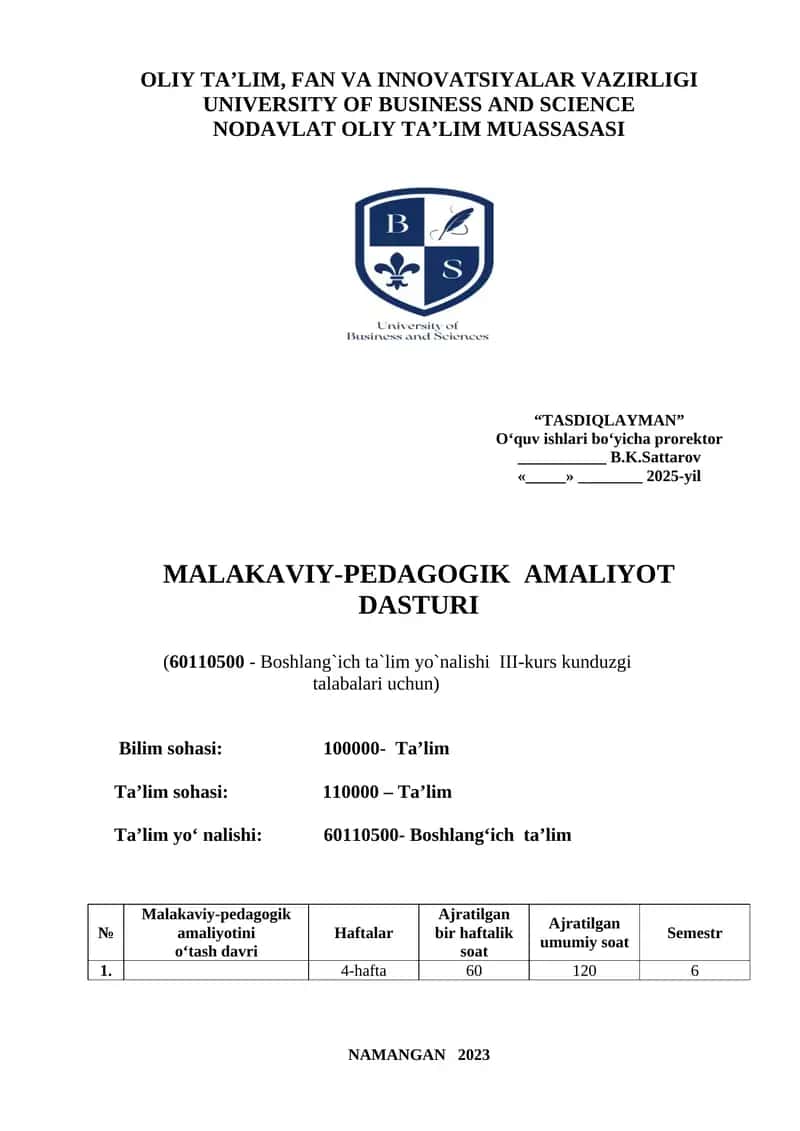 Malakaviy-pedagogik amaliyot dasturi 1