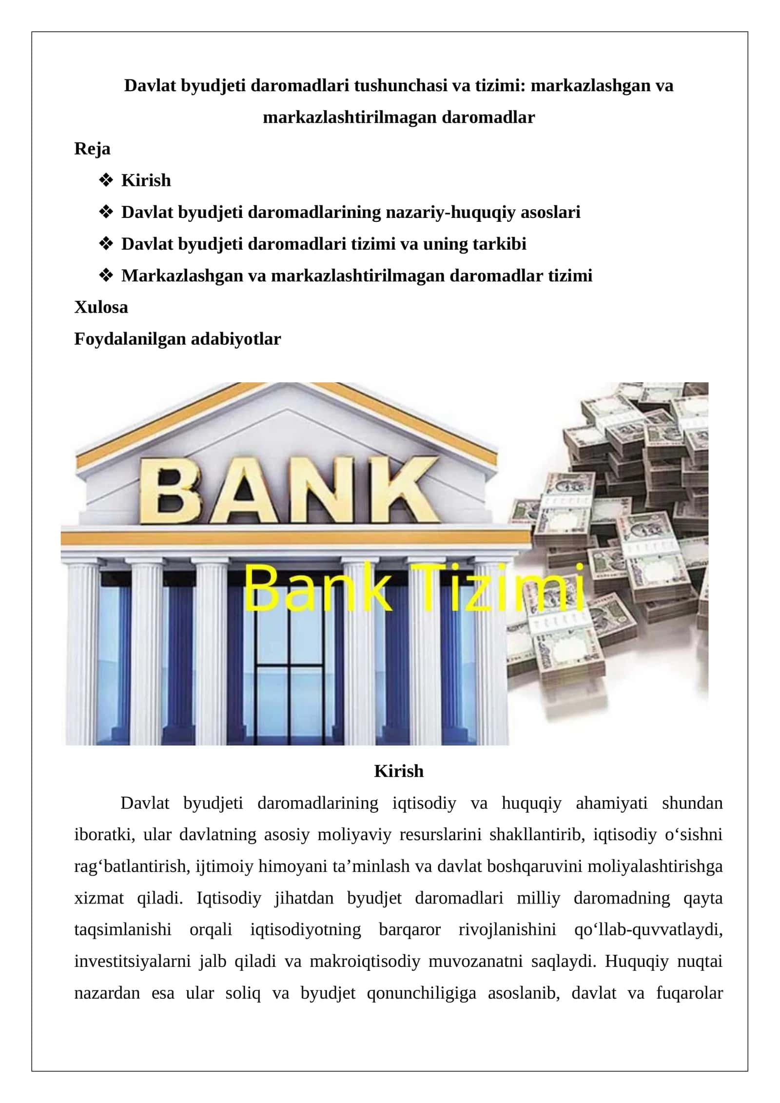 Davlat byudjeti daromadlari tushunchasi va tizimi: markazlashgan va markazlashtirilmagan daromadlar 1