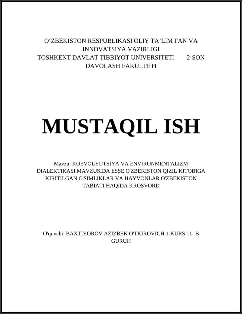 KOEVOLYUTSIYA VA ENVIRONMENTALIZM DIALEKTIKASI MAVZUSIDA ESSE O'ZBEKISTON QIZIL KITOBIGA KIRITILGAN O'SIMLIKLAR VA HAYVONLAR O'ZBEKISTON TABIATI HAQIDA KROSVORD 1
