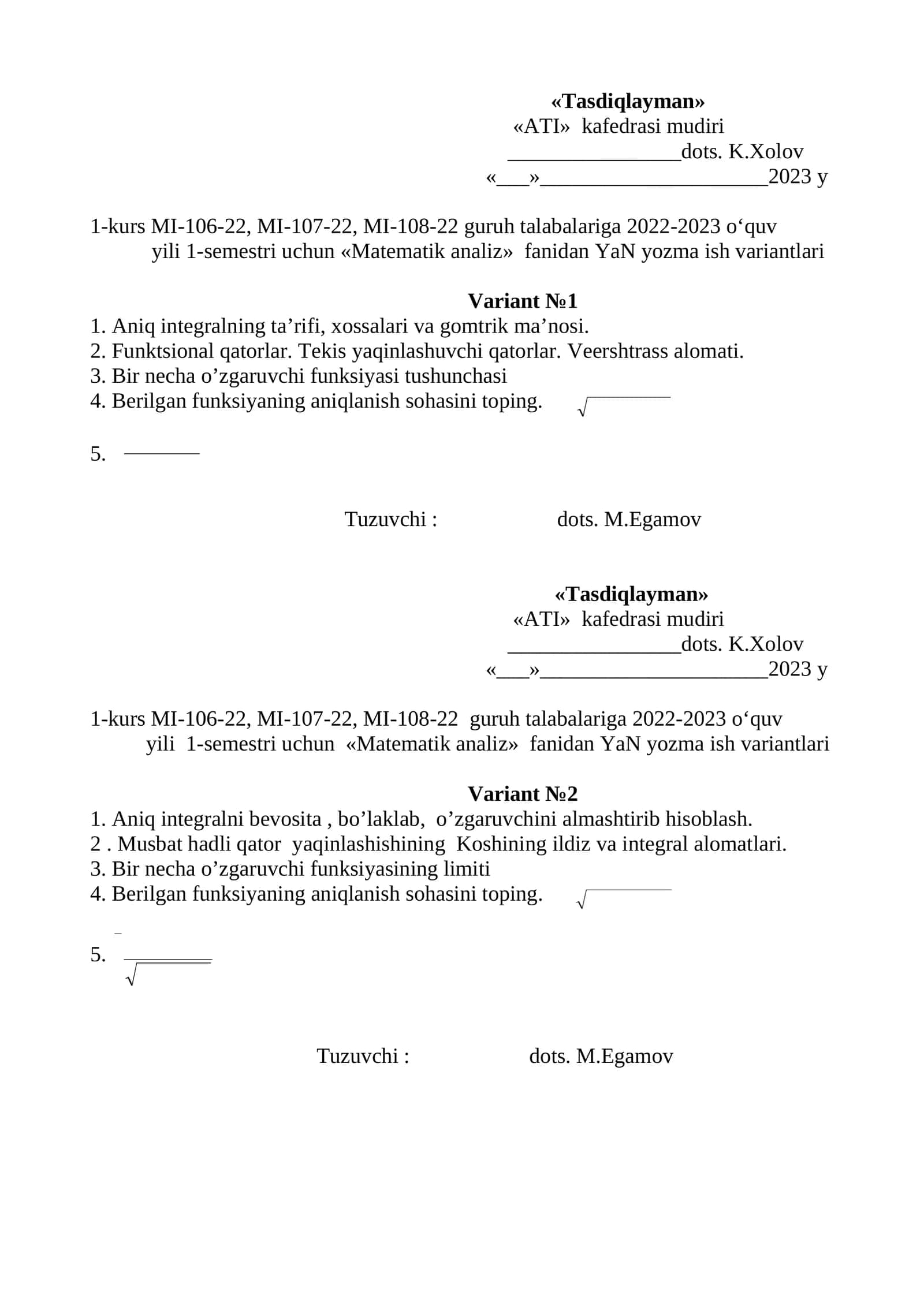 Matematik analiz YaN yozma ish variantlari 1