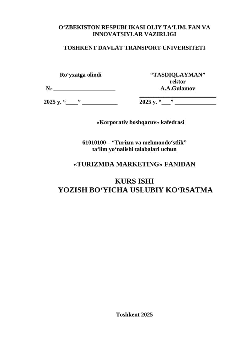 KURS ISHI "TURIZMDA MARKETING" 1
