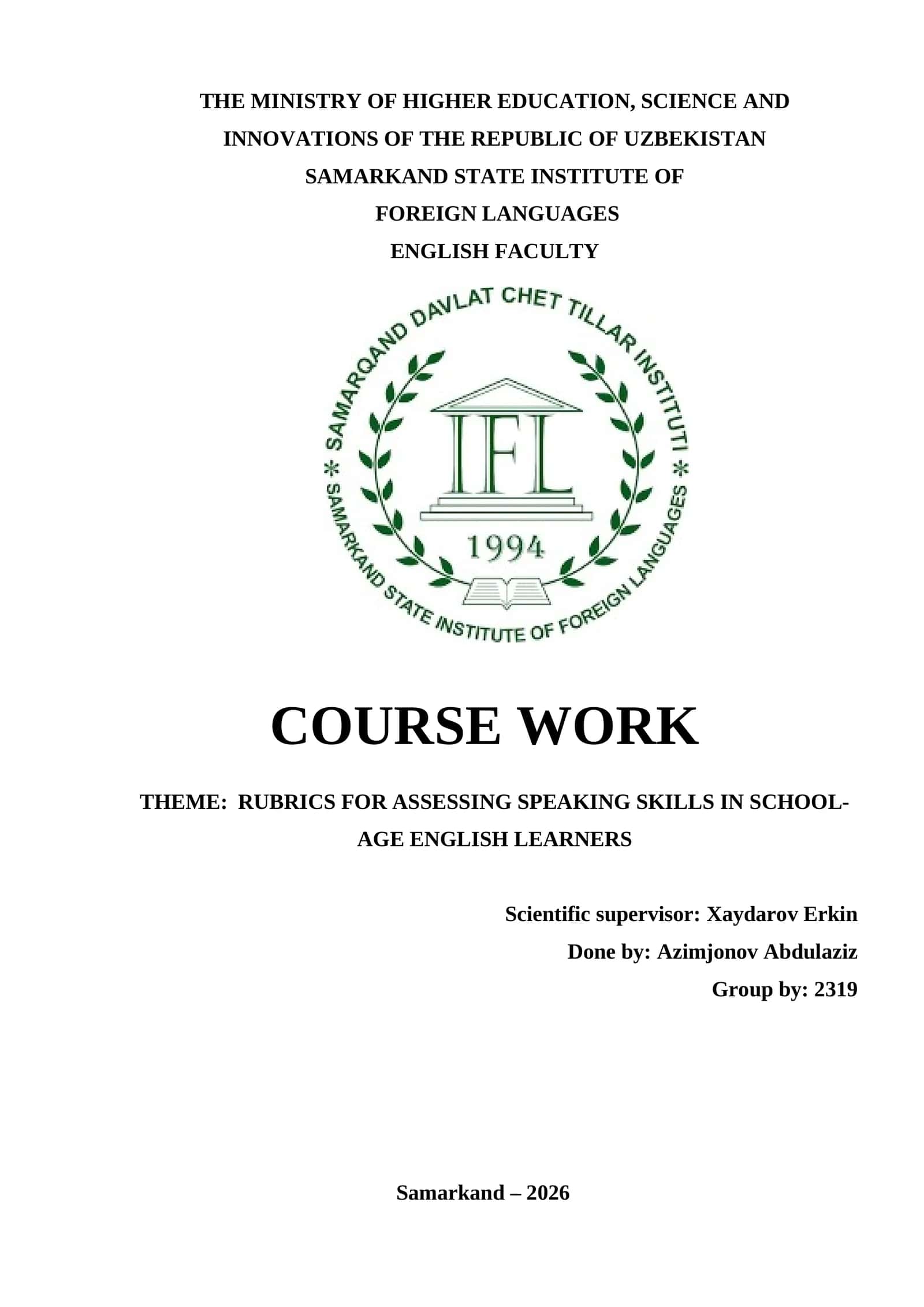 Course Work: Rubrics for Assessing Speaking Skills 1
