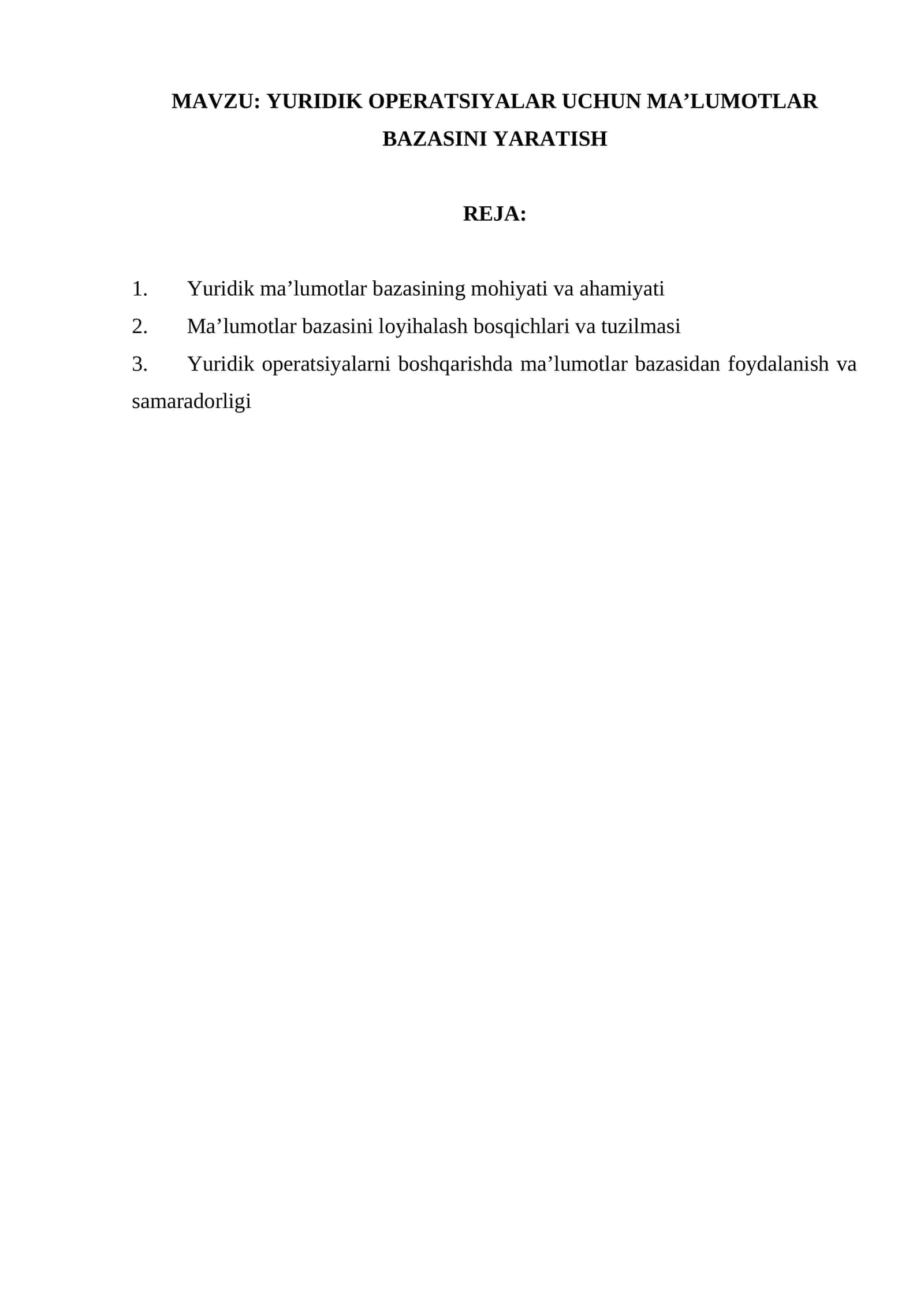 Yuridik operatsiyalar uchun ma'lumotlar bazasini yaratish 1