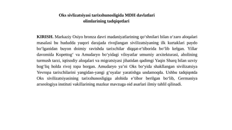 Oks sivlizatsiyasi tarixshunosligida MDH davlatlari olimlarining tadqiqotlari 1