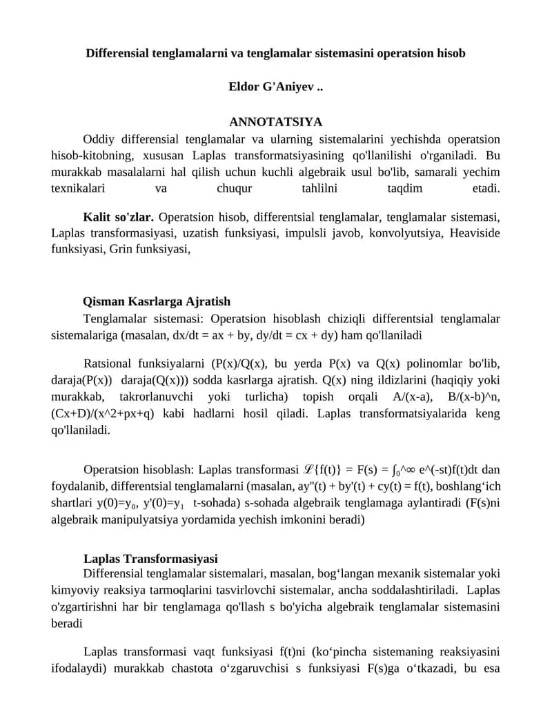 Differensial tenglamalar va tenglamalar sistemasini operatsion hisob 1