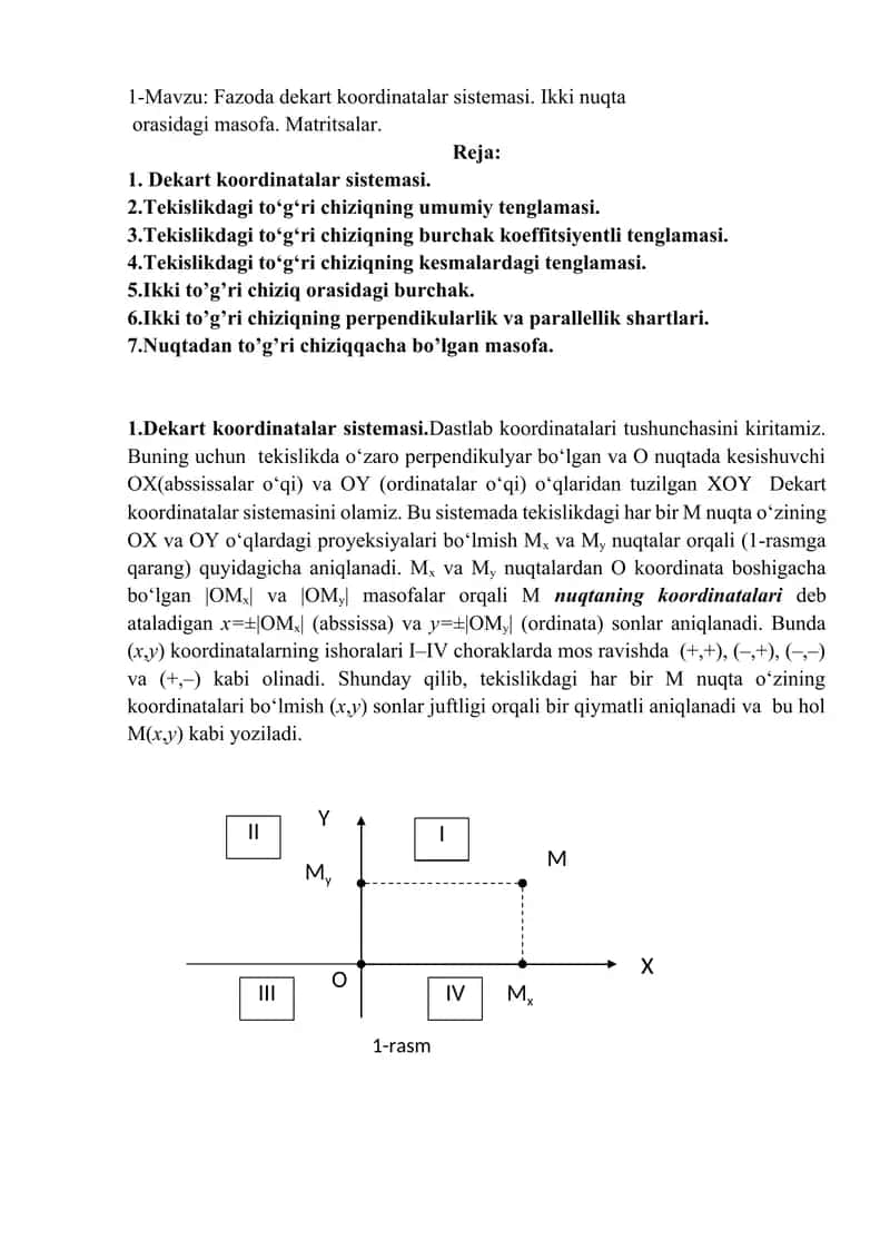 Fazoda dekart koordinatalar sistemasi. Ikki nuqta  orasidagi masofa. Matritsalar 1