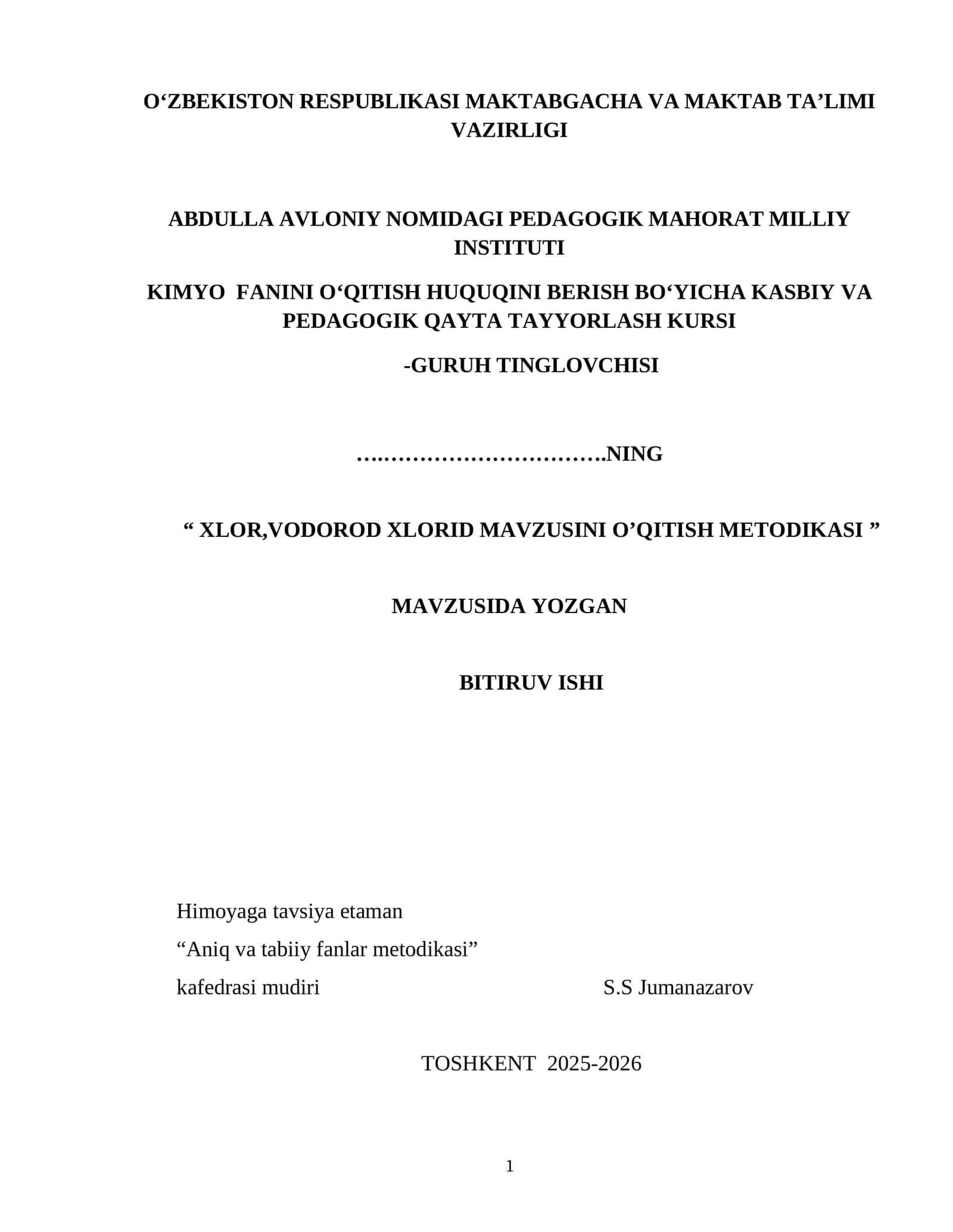 "XLOR, VODOROD XLORID MAVZUSINI O’QITISH METODIKASI" 1
