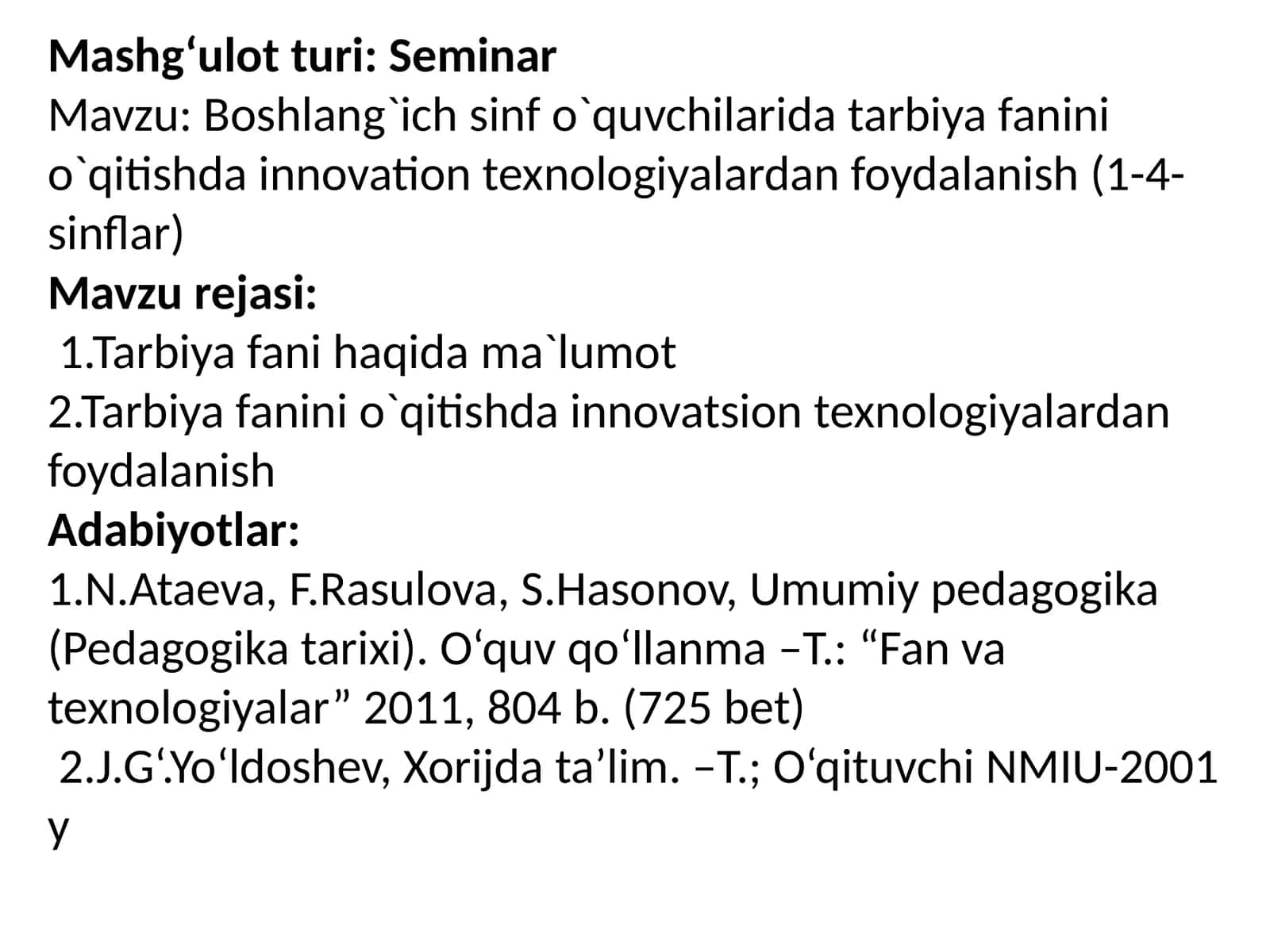 Boshlang`ich sinf o`quvchilarida tarbiya fanini o`qitishda innovation texnologiyalardan foydalanish (1-4- sinflar) 1