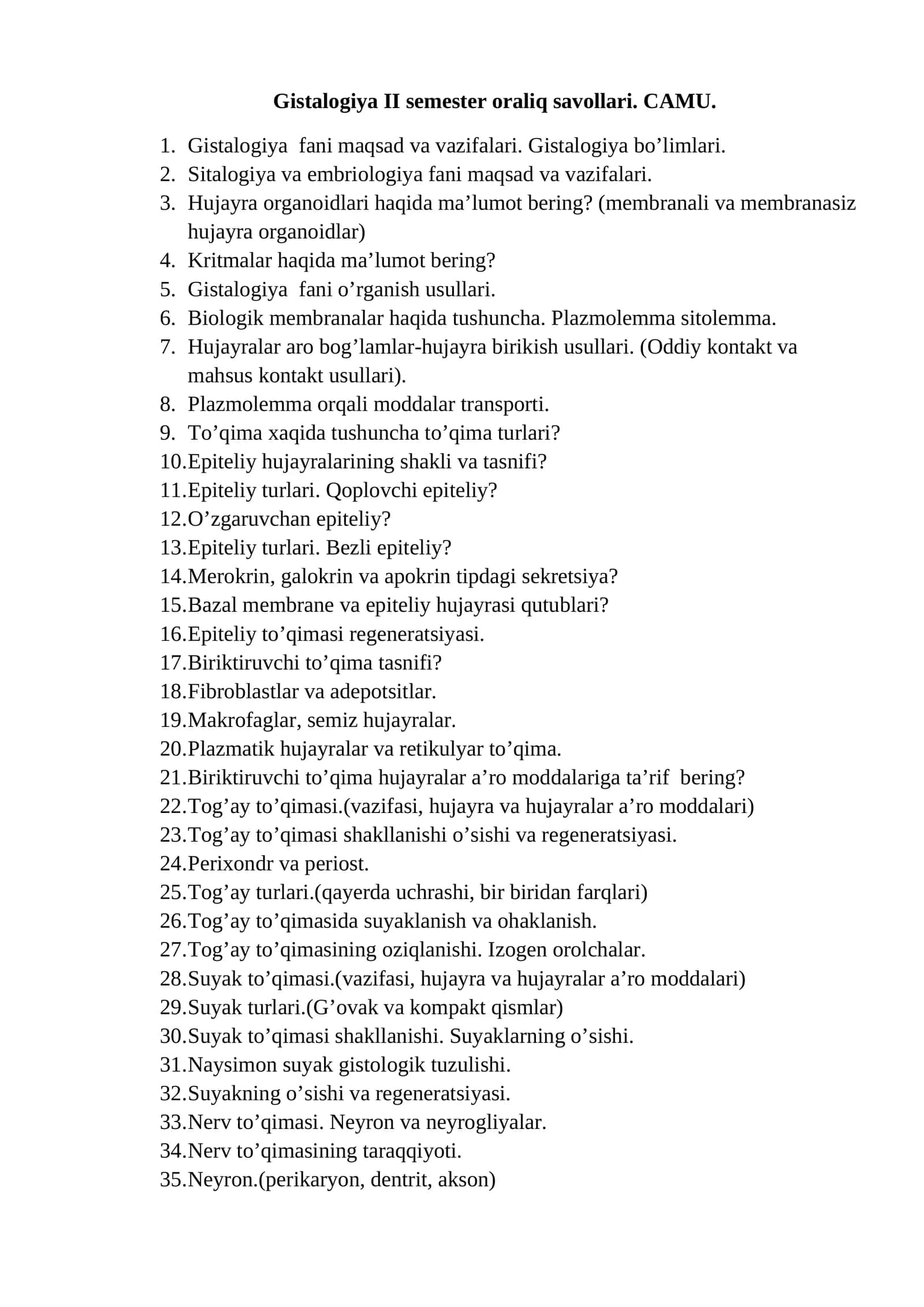 Gistalogiya II semester oraliq savollari. CAMU 1