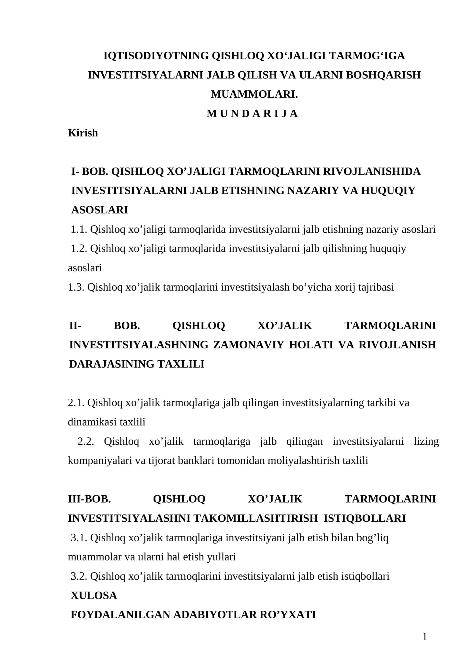 IQTISODIYOTNING QISHLOQ XO‘JALIGI TARMOG‘IGA INVESTITSIYALARNI JALB QILISH VA ULARNI BOSHQARISH MUAMMOLARI 1