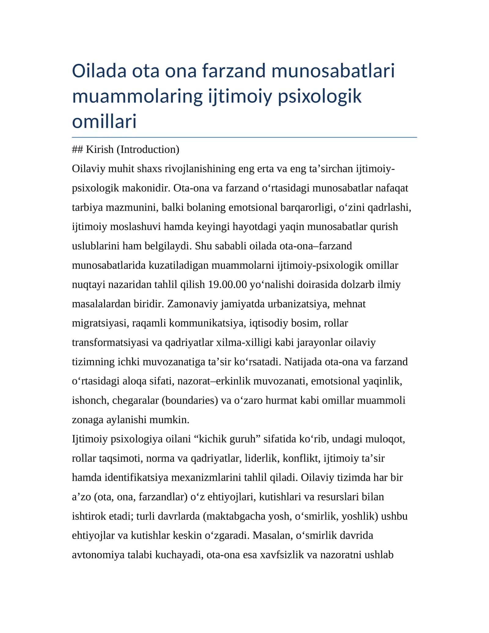 Oilada ota ona farzand munosabatlari muammolaring ijtimoiy psixologik omillari 1