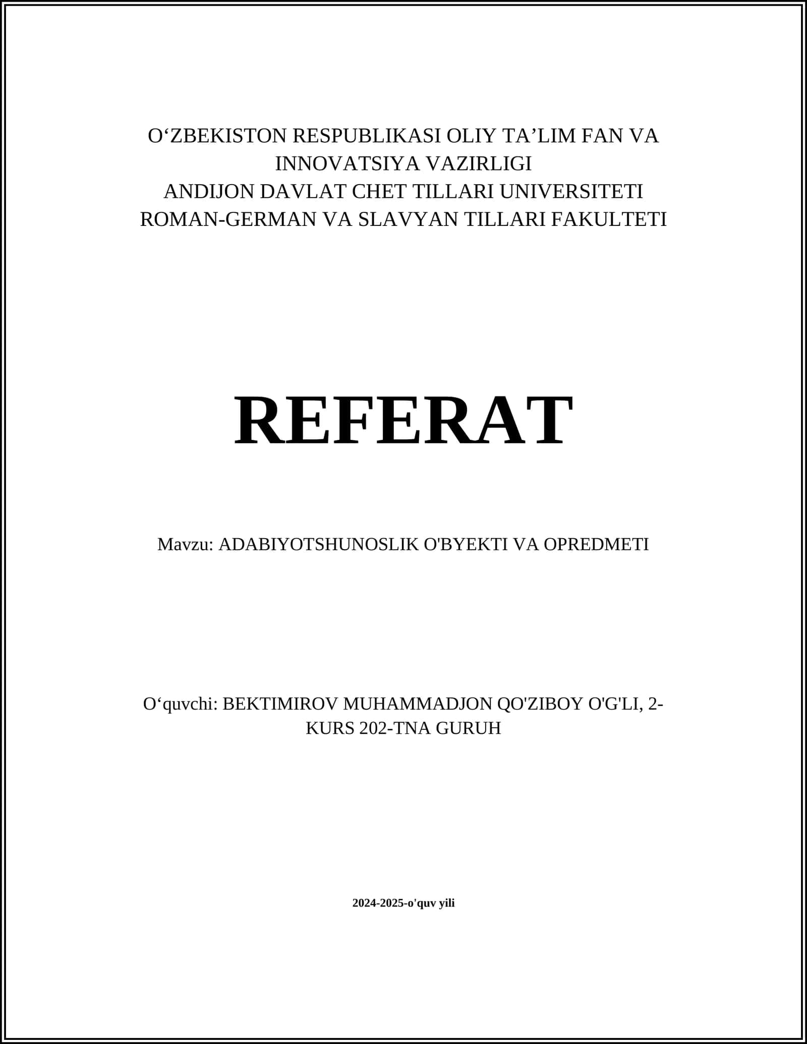 ADABIYOTSHUNOSLIK O'BYEKTI VA OPREDMETI 1