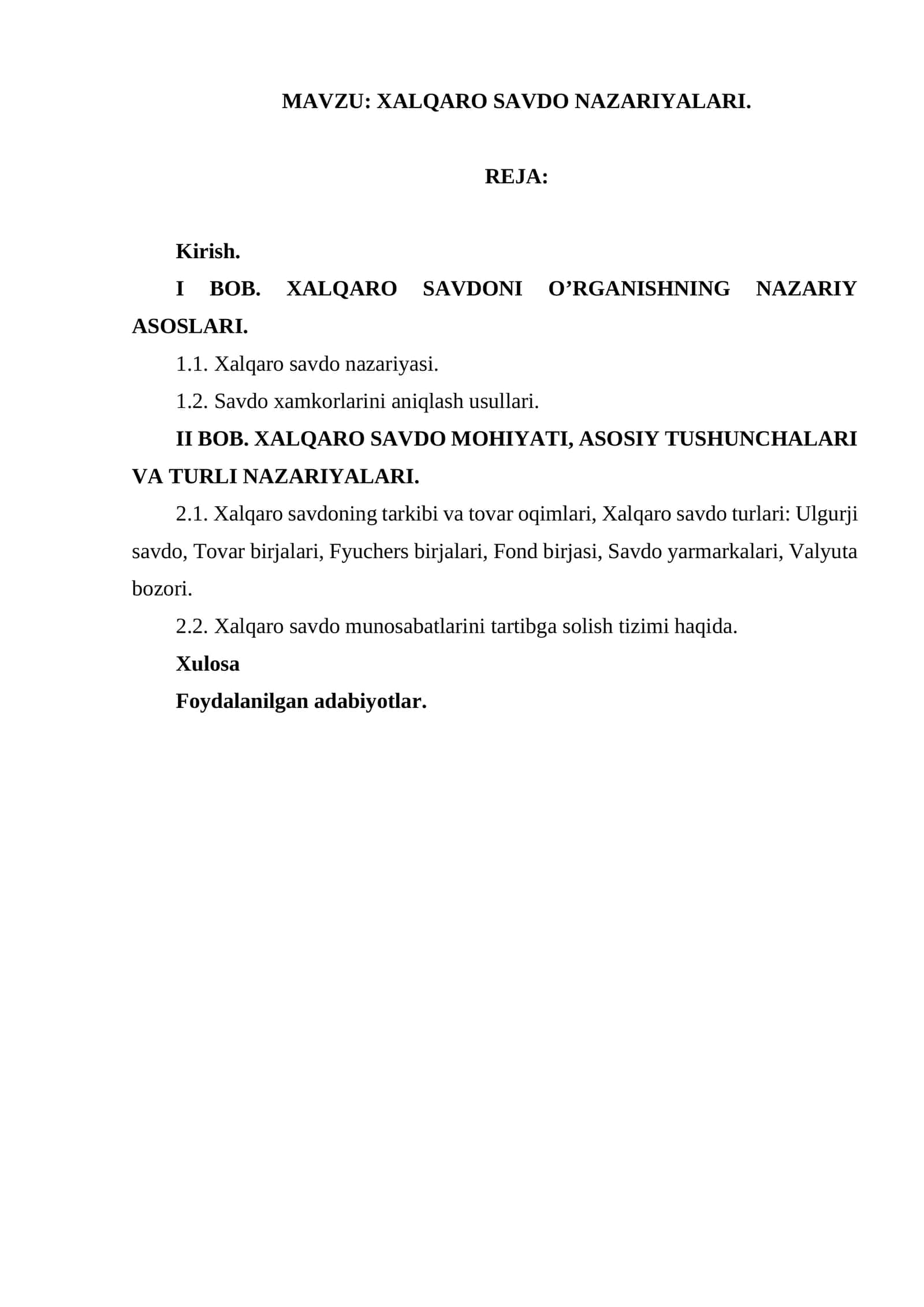 XALQARO SAVDO NAZARIYALARI 1