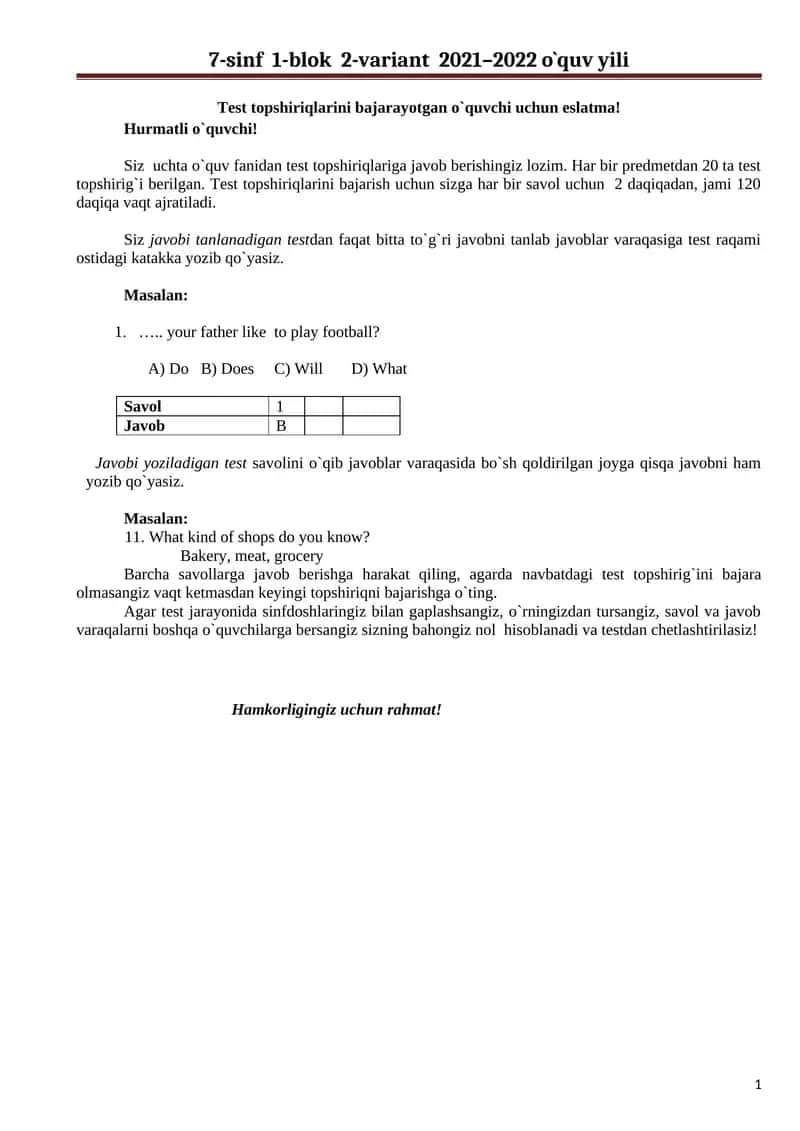7-sinf 1-blok 2-variant 2021–2022 o`quv yili 1