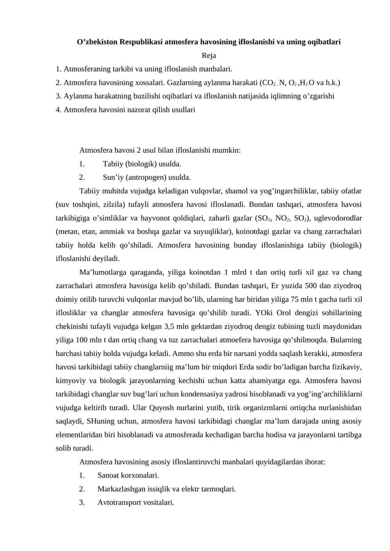 O’zbekiston Respublikasi atmosfera havosining ifloslanishi va uning oqibatlari 1