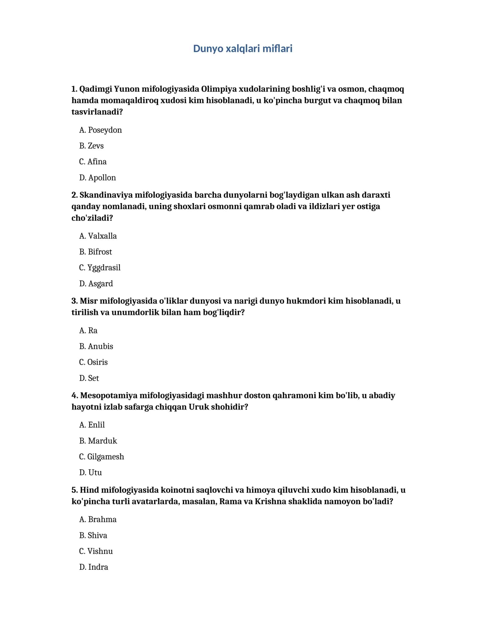 Dunyo xalqlari miflari. test. 1