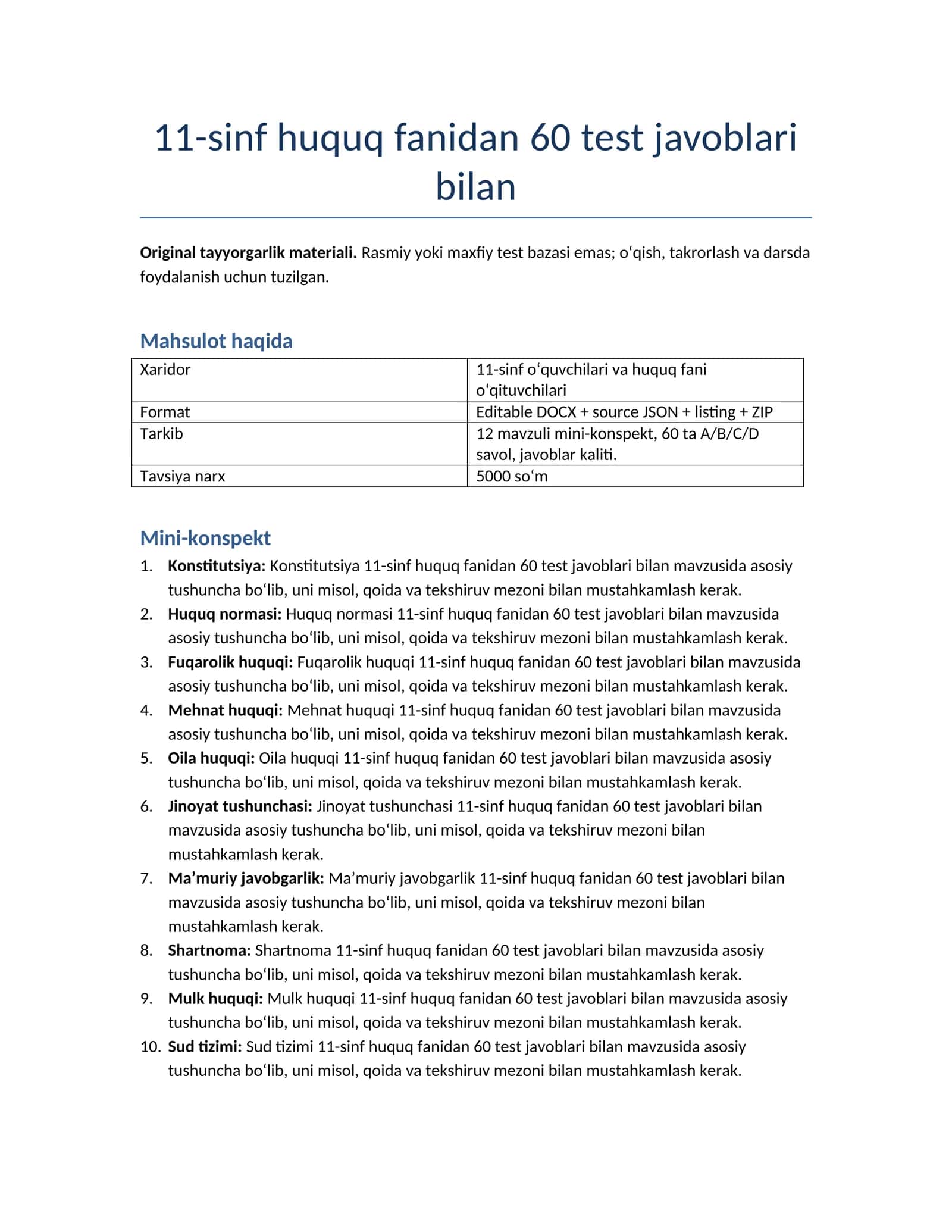 11-sinf huquq fanidan 60 test javoblari bilan 1