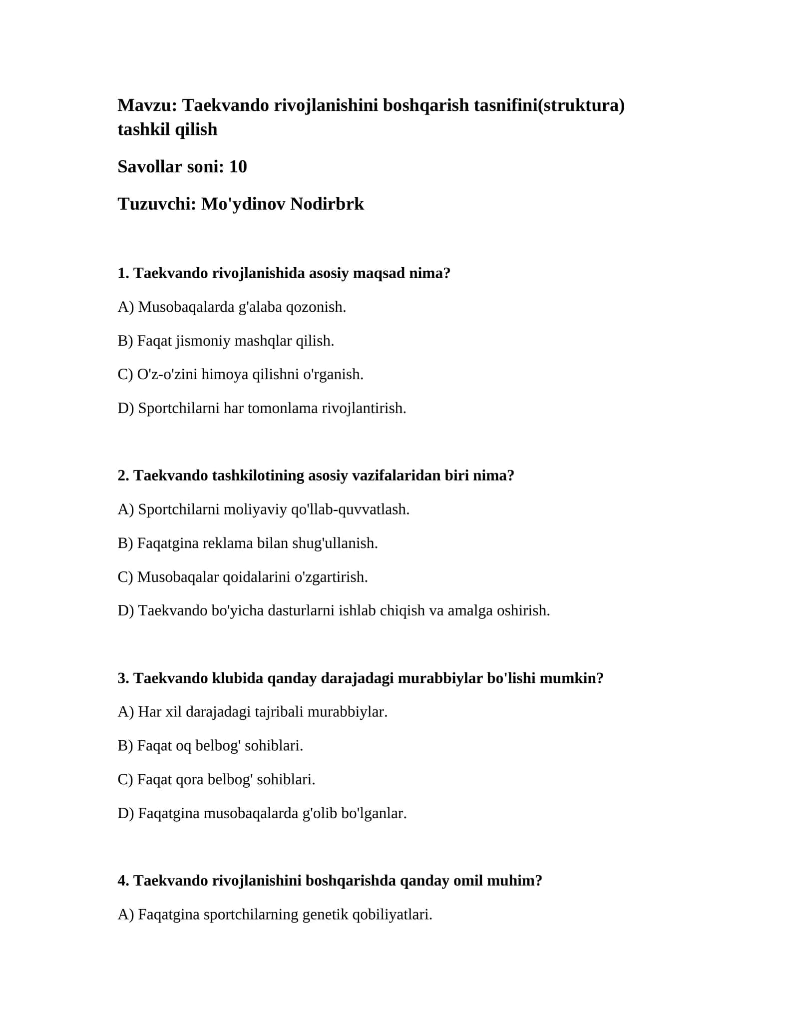 Taekvando rivojlanishini boshqarish tasnifi 1