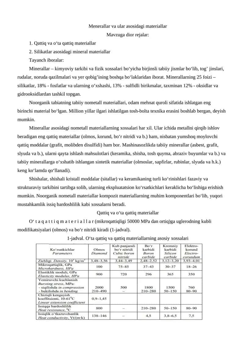 Minerallar va ular asosidagi materiallar 1