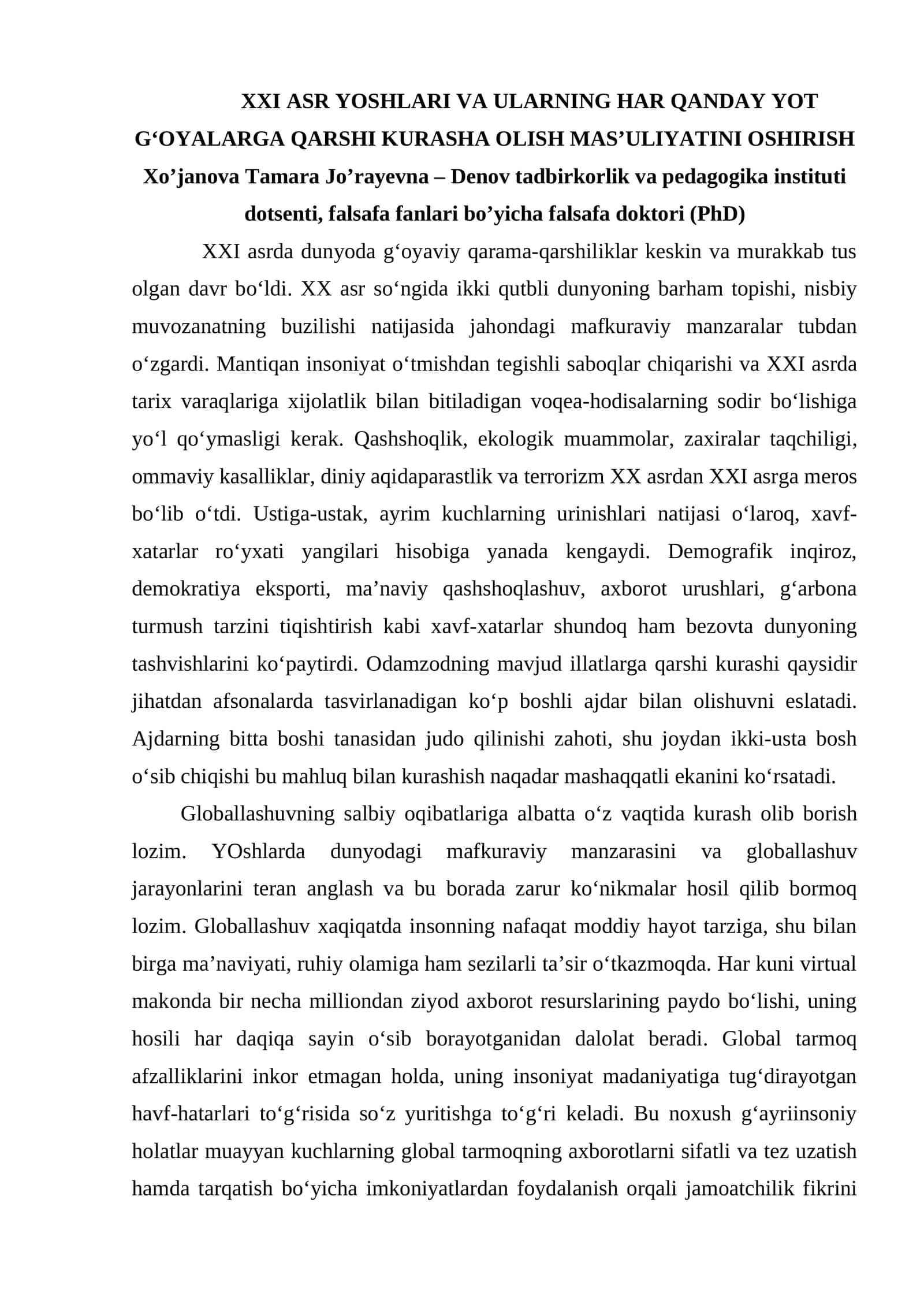 XXI ASR YOSHLARI VA ULARNING HAR QANDAY YOT G‘OYALARGA QARSHI KURASHA OLISH MAS’ULIYATINI OSHIRISH 1