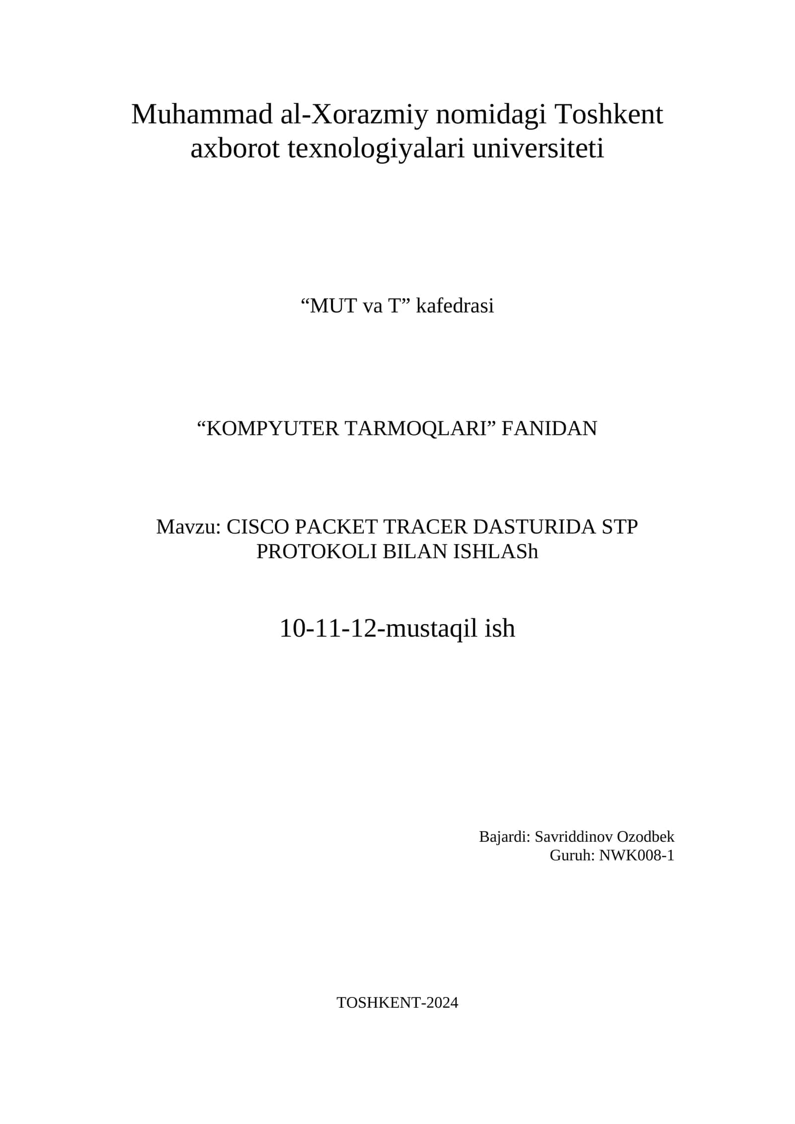 CISCO PACKET TRACER DASTURIDA STP PROTOKOLI BILAN ISHLASh 1