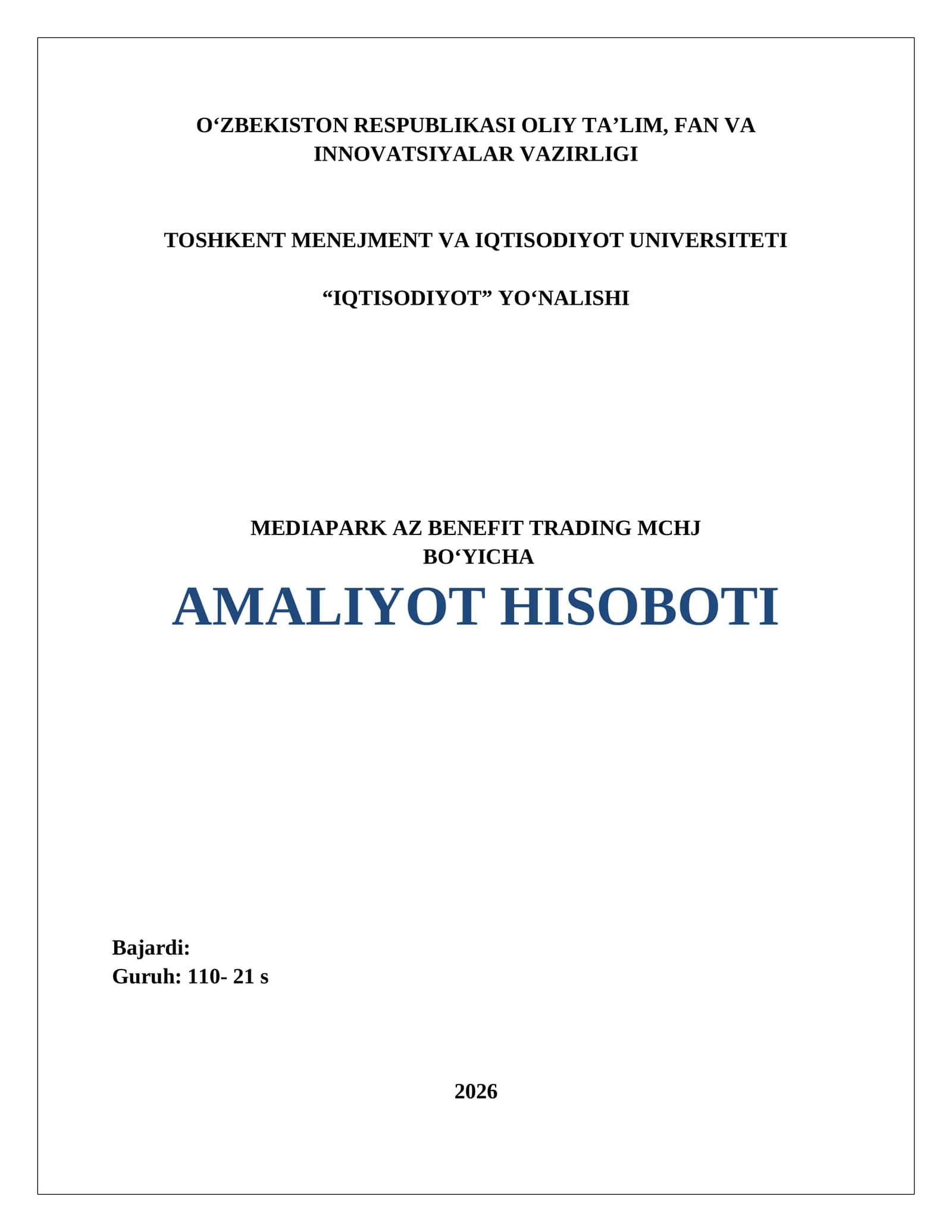 Faoliyat turi 	Chakana savdo (maishiy texnika va elektronika mahsulotlari savdosi. AMALIYOT HISOBOTI 1