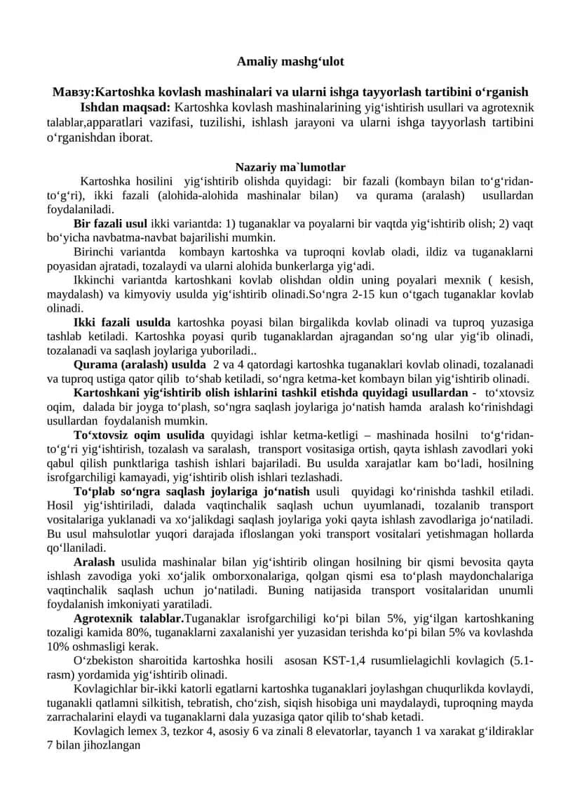 Kartoshka kovlash mashinalari va ularni ishga tayyorlash tartibini о‘rganish 1