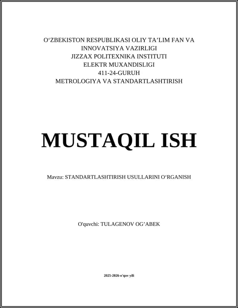 STANDARTLASHTIRISH USULLARINI OʻRGANISH 1