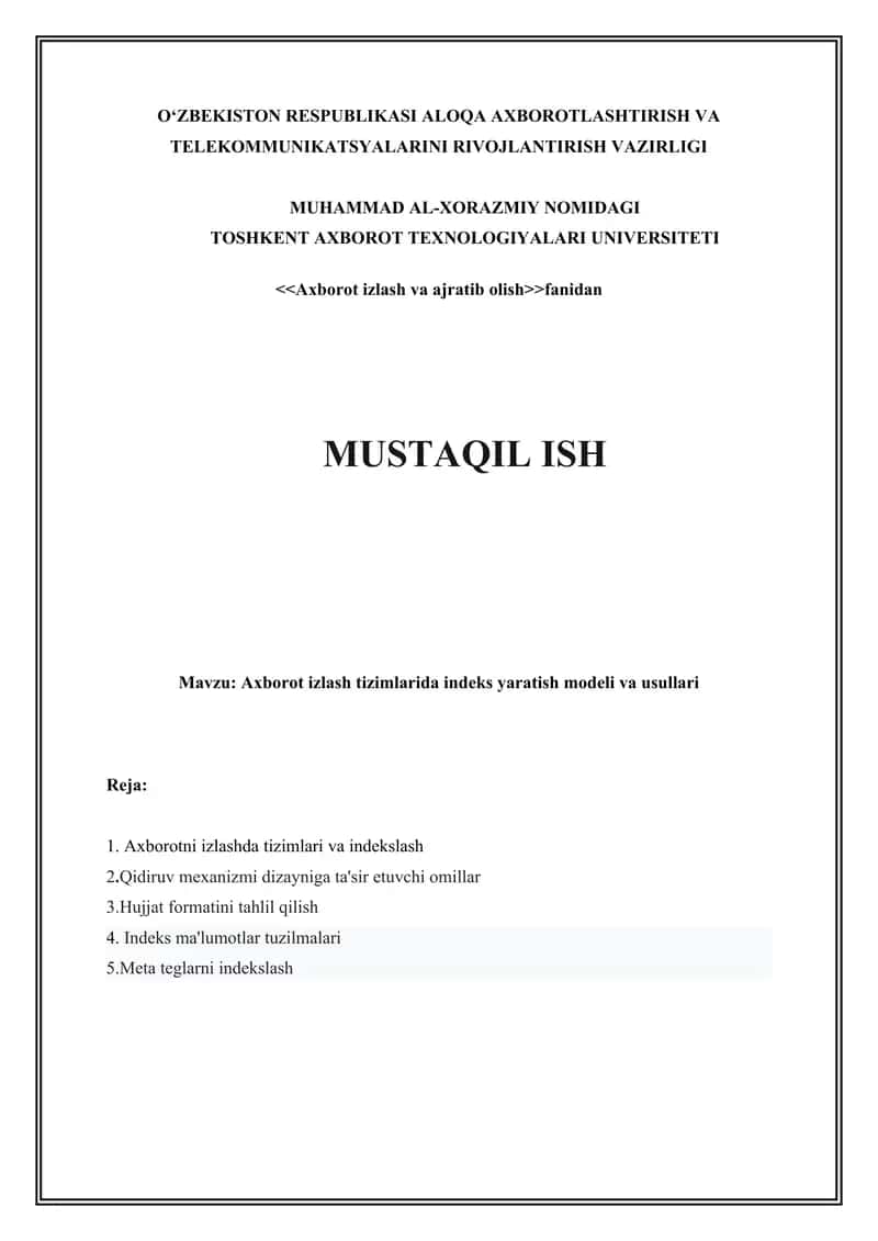 Axborot izlash tizimlarida indeks yaratish modeli va usullari 1
