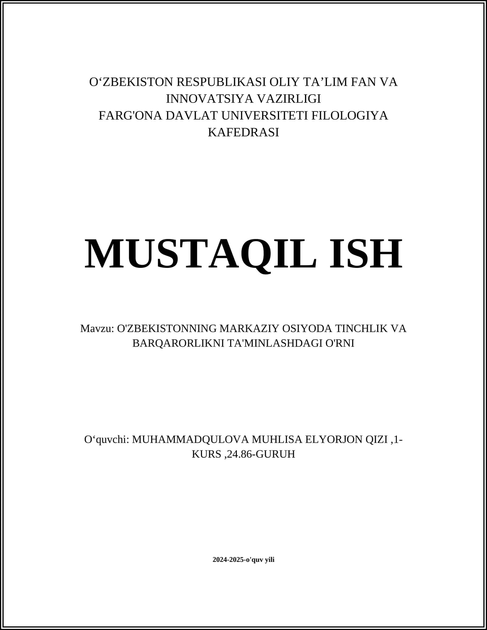 O'zbekistoning markaziy Osiyoda tinchlik va barqarorlikni ta'minlashdagi o'rni 1