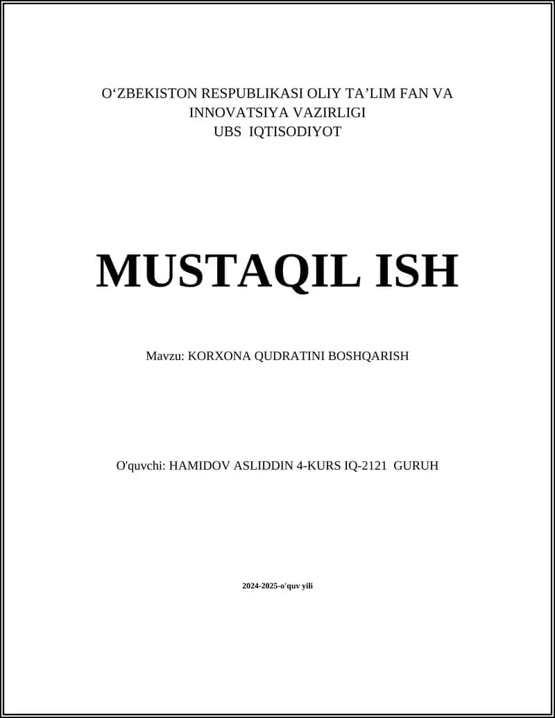 KORXONA QUDRATINI BOSHQARISH 1