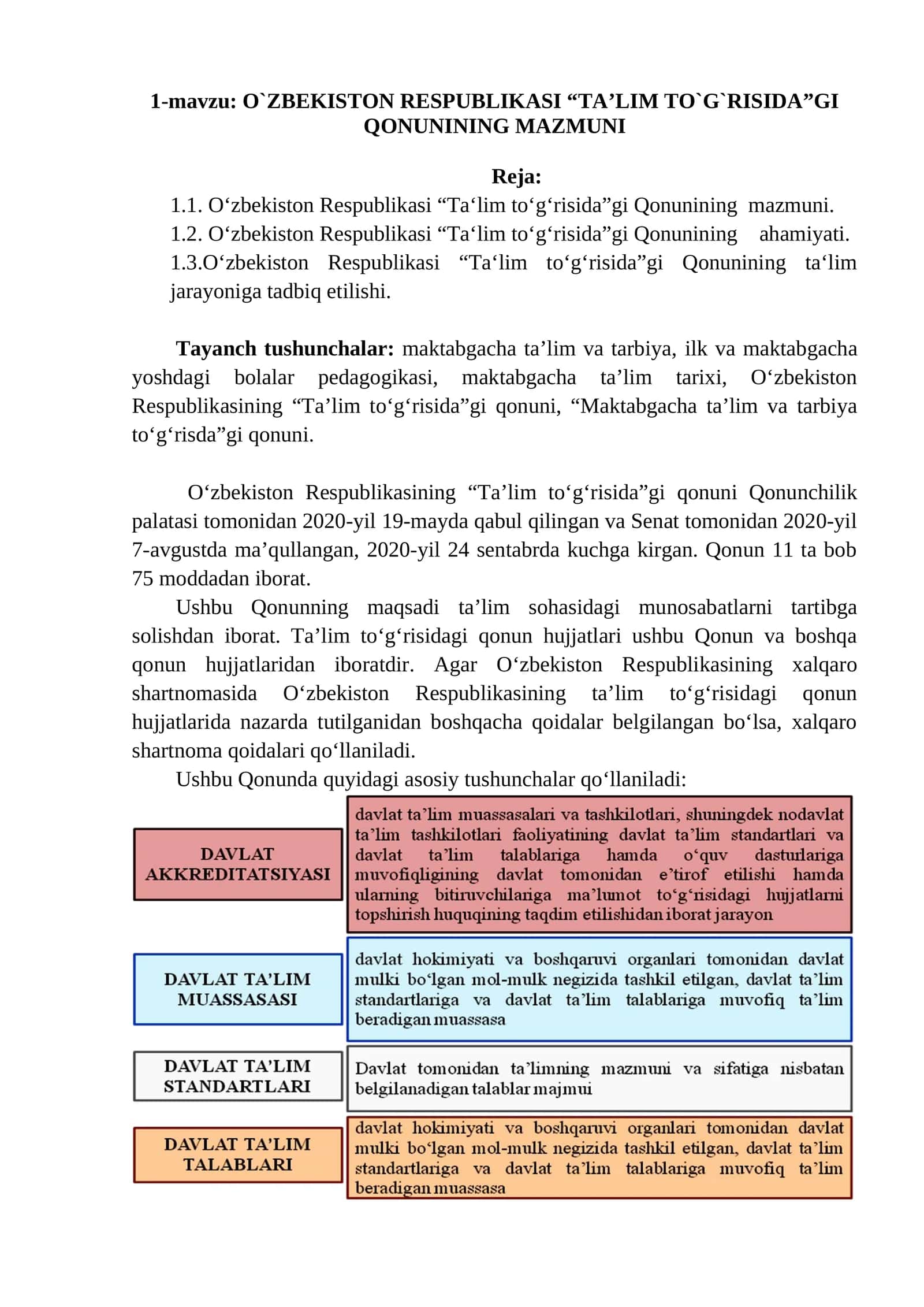 O`ZBEKISTON RESPUBLIKASI “TA’LIM TO`G`RISIDA”GI QONUNINING MAZMUNI 1