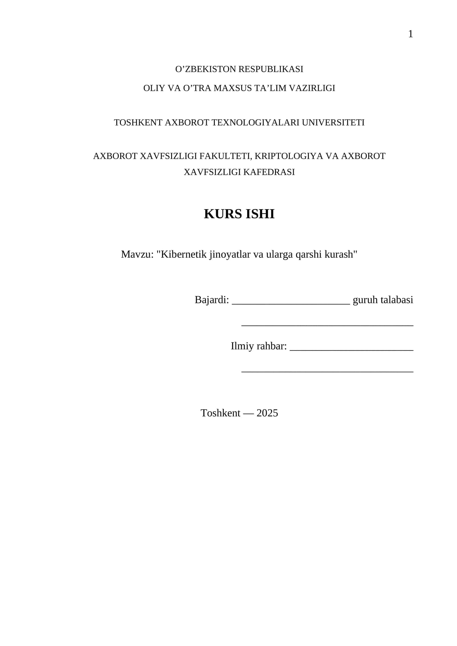 "Kibernetik jinoyatlar va ularga qarshi kurash" 1