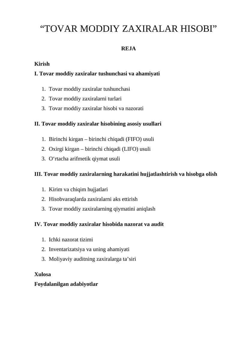 Tovar moddiy zaxiralar hisobi 1