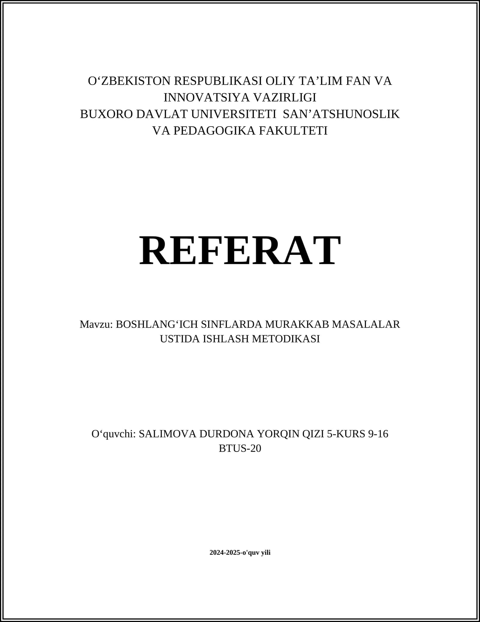 BOSHLANGʻICH SINFLARDA MURAKKAB MASALALAR USTIDA ISHLASH METODIKASI 1
