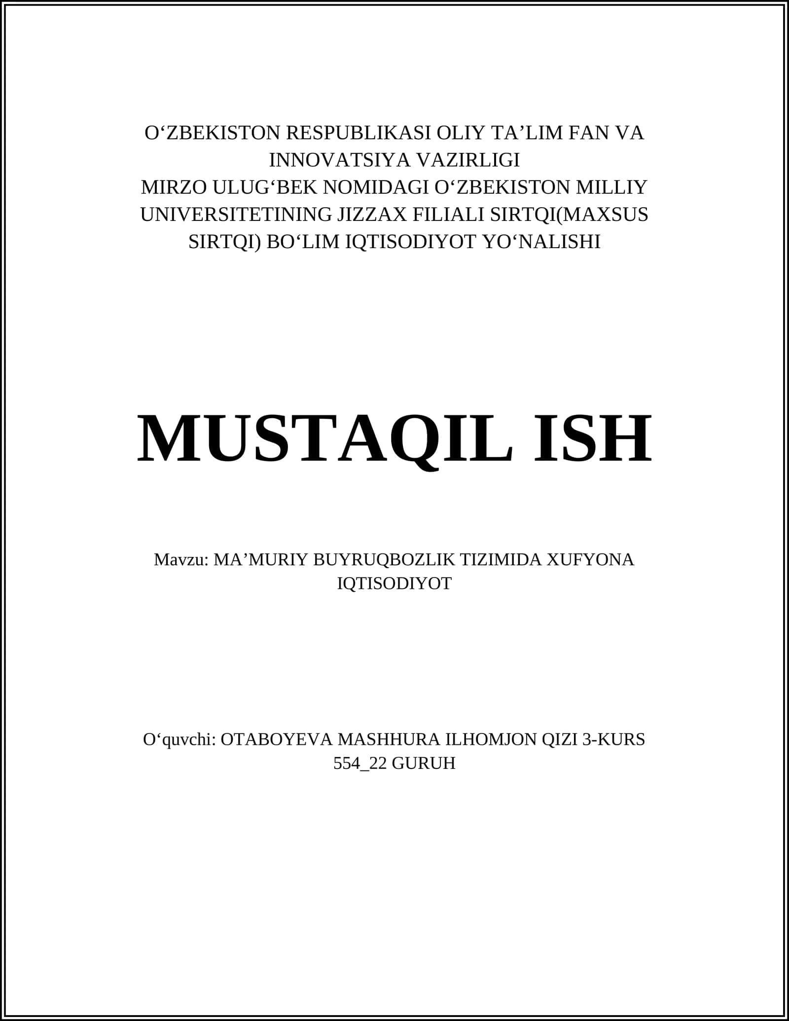 MA'MURIY BUYRUKBOZLIK TIZIMIDA XUFYONA IQTISODIYOT 1
