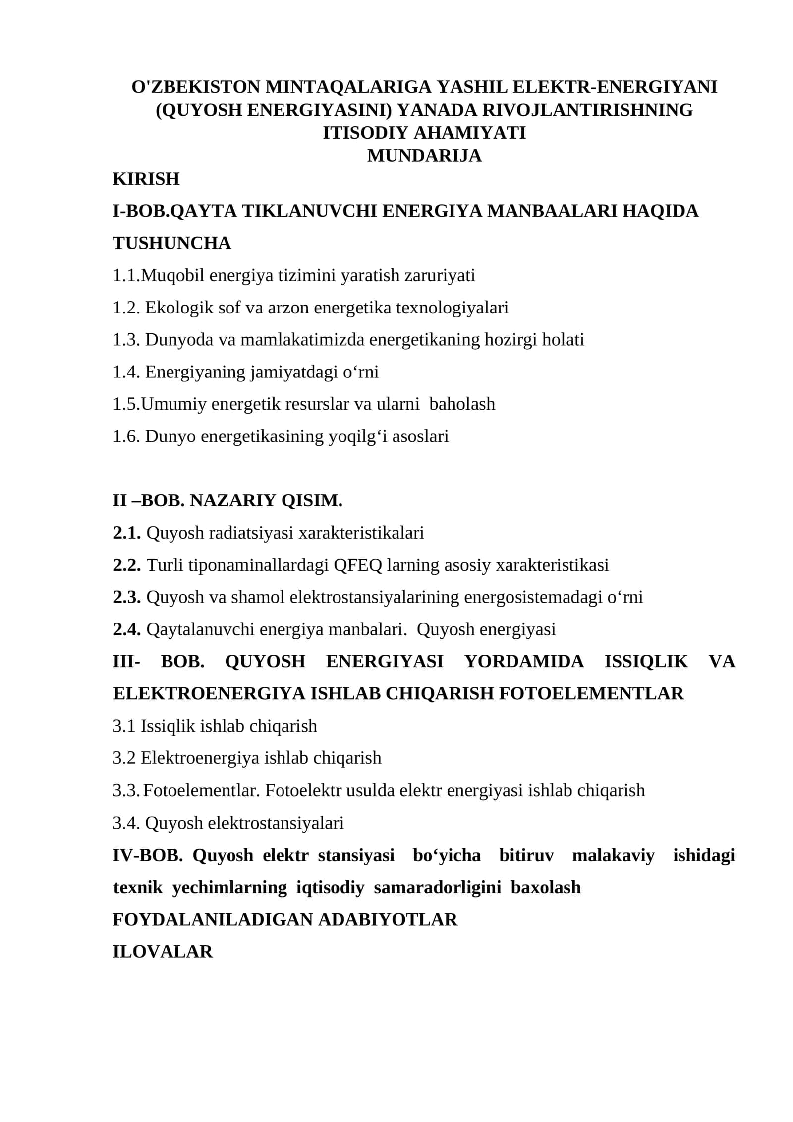 O'zbekiston mintaqalariga yashil elektr-energiyani (Quyosh energiyasini) yanada rivojlantirishning itisodiy ahamiyati 1