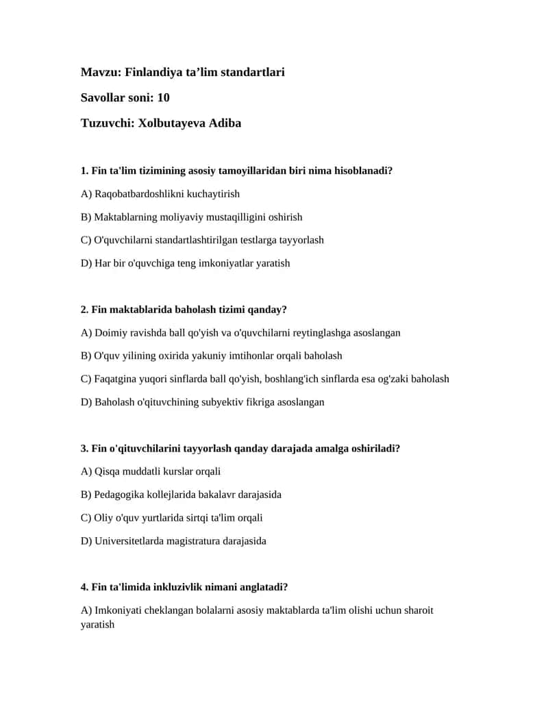 Finlandiya taʼlim standartlari 1