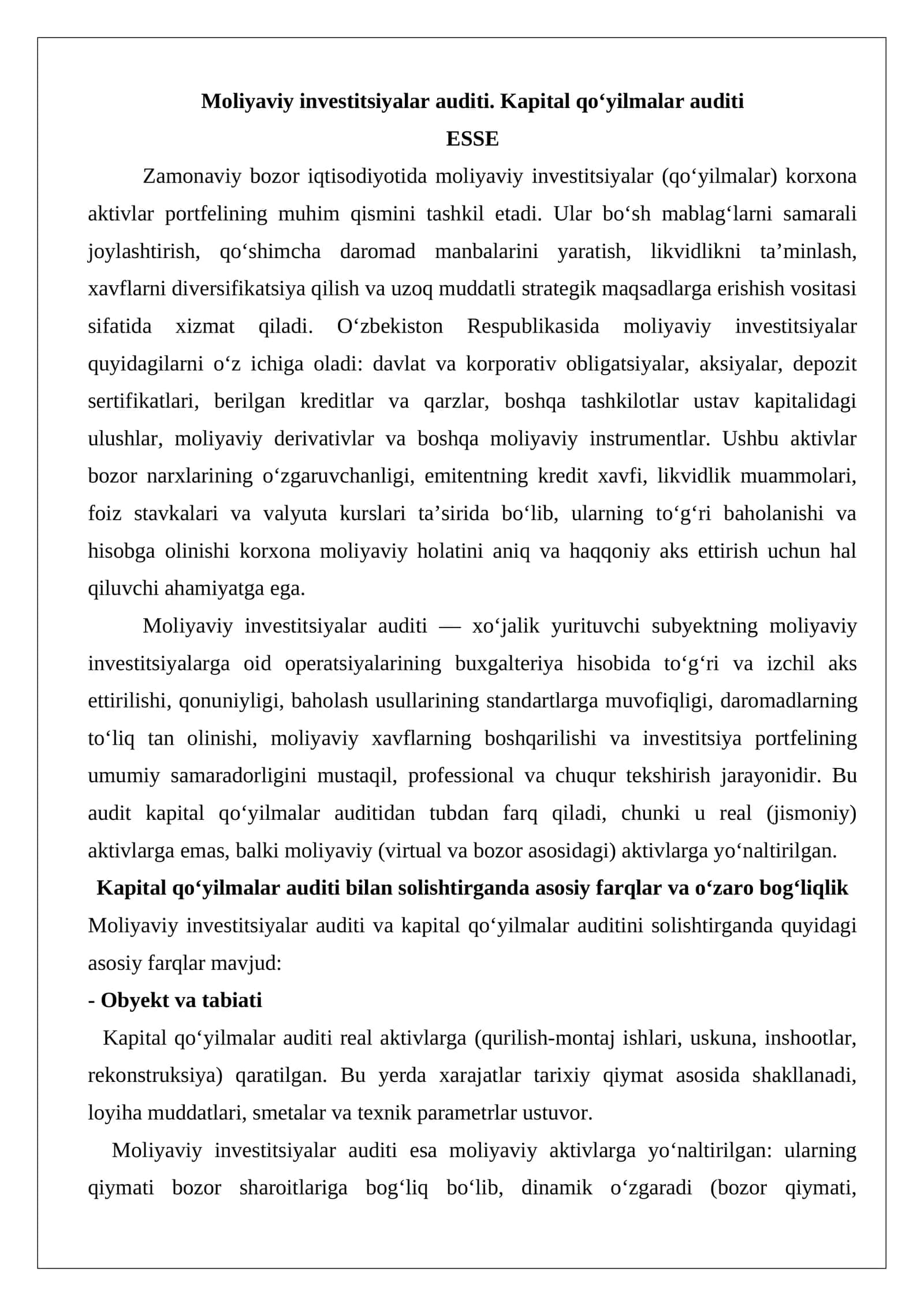 Moliyaviy investitsiyalar auditi 1