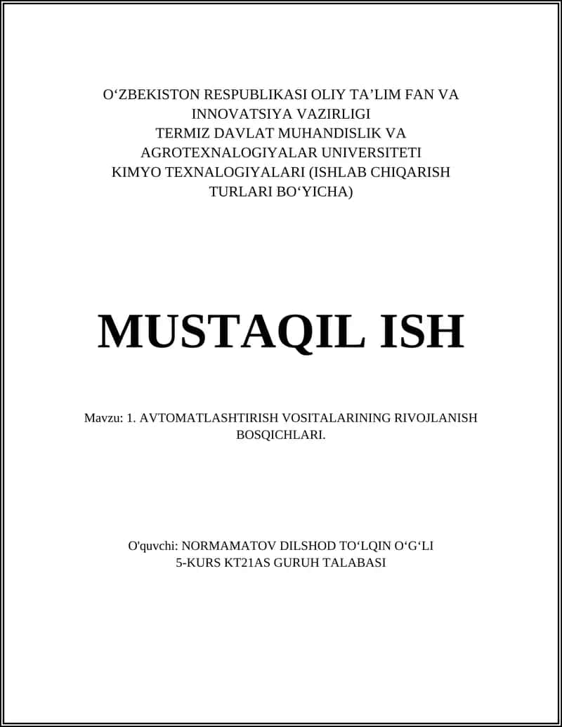 KIMYO TEXNALOGIYALARI (ISHLAB CHIQARISH TURLARI BOʻYICHA) 1