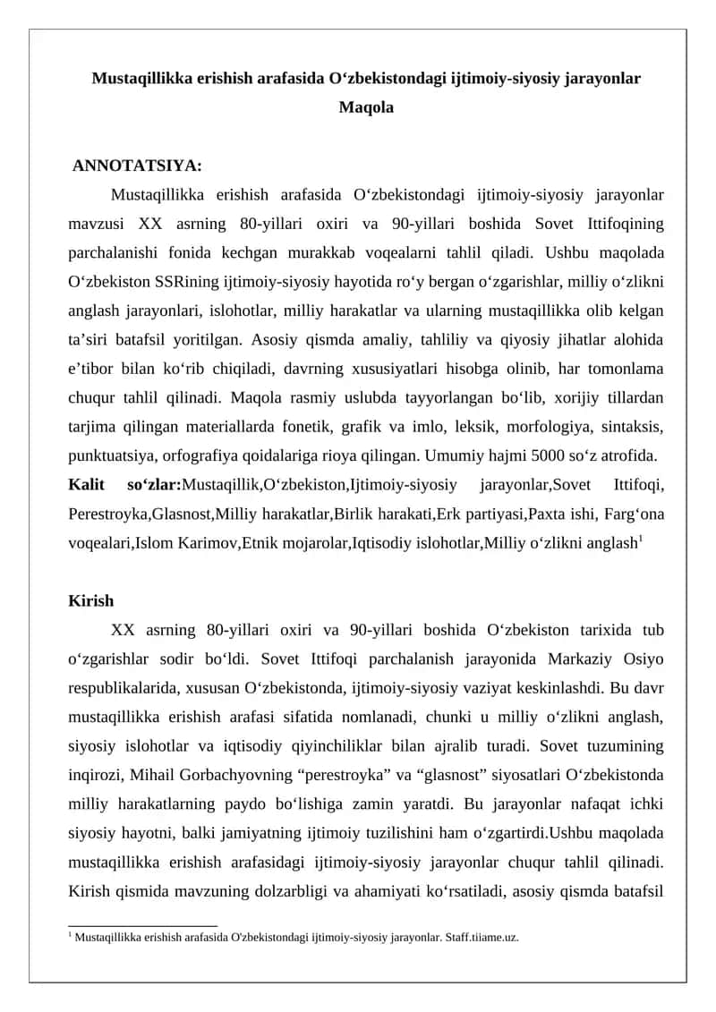 Mustaqillikka erishish arafasida O‘zbekistondagi ijtimoiy-siyosiy jarayonlar 1